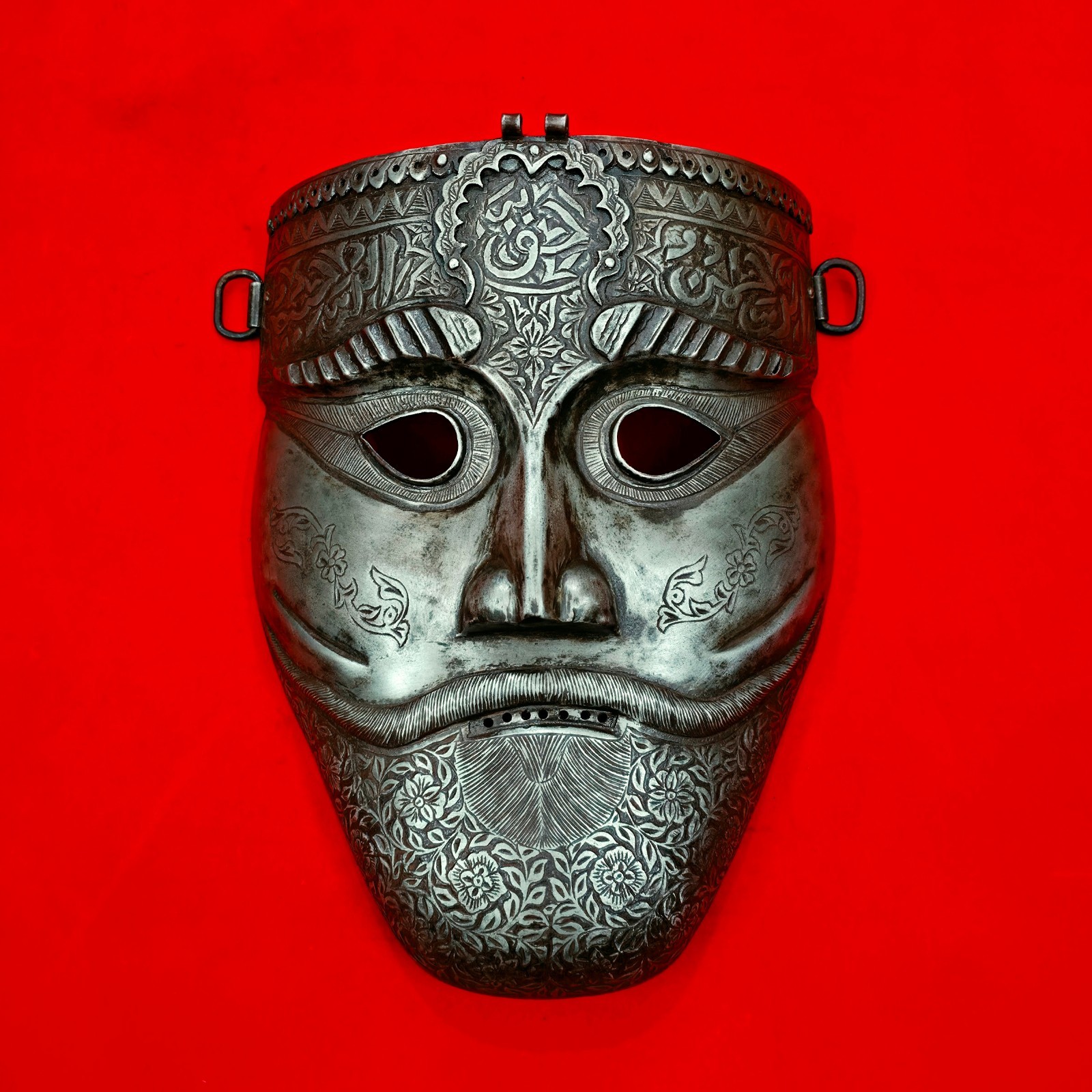 VINTAGE IRON MUGHAL INDO PERSIAN ISLAMIC WARRIOR'S FACE MASK ARABIC INSCRIPTION