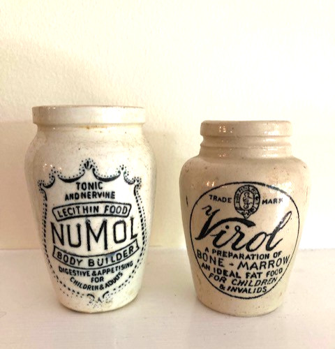 Virol and Numol Victorian Food Antique Stoneware Pottery Jars from England