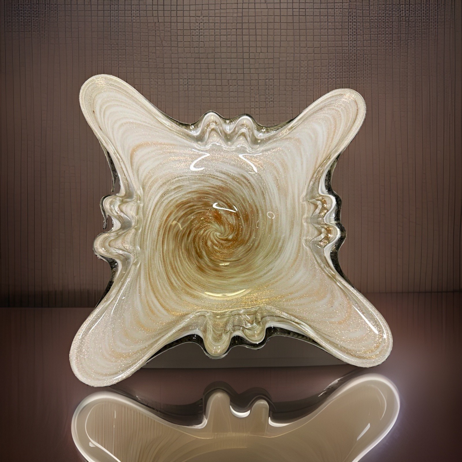 Vintage Murano Art Glass Butterfly Bowl White Gold Aventurine Flecks 11\
