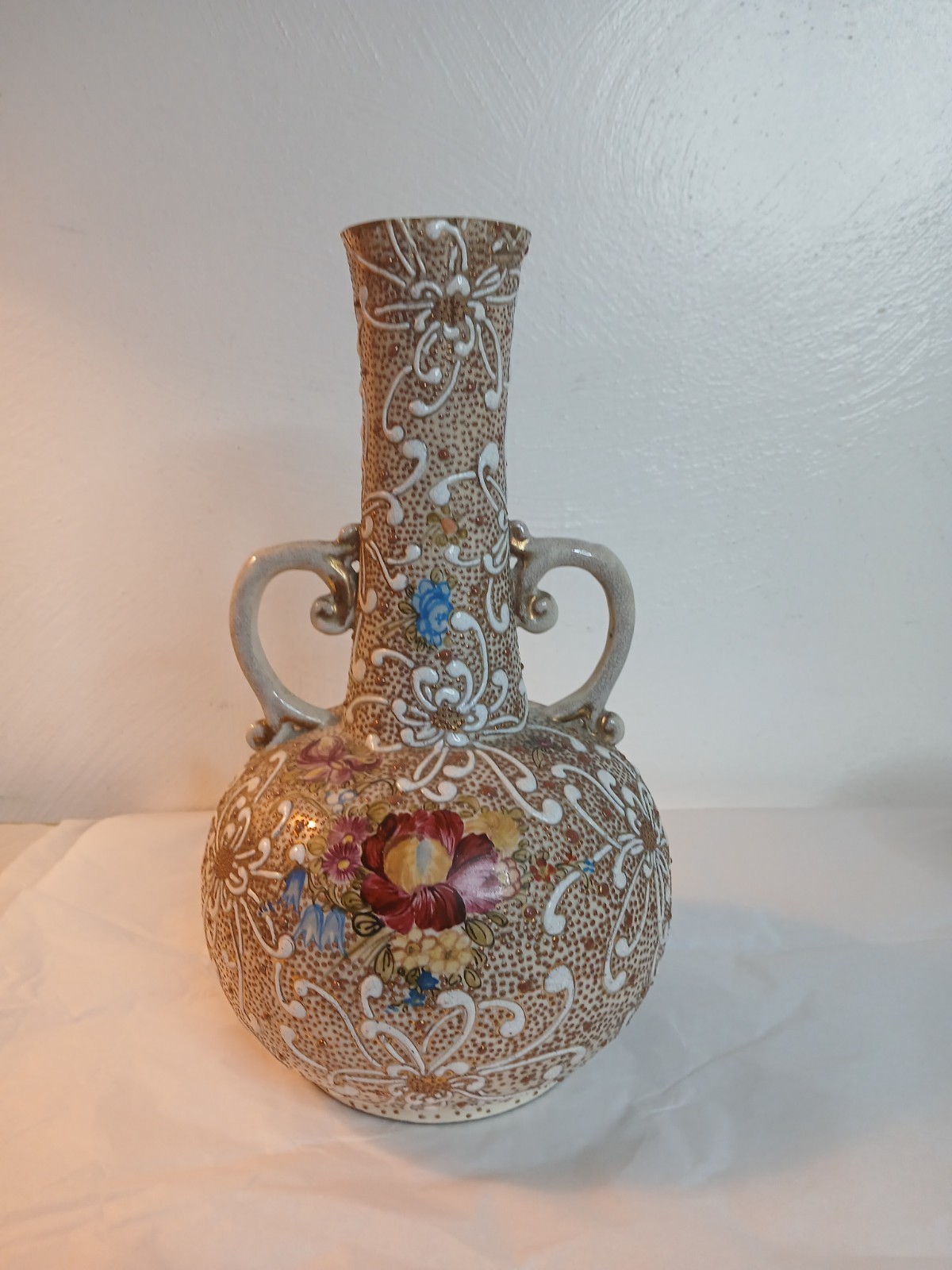 Antique Porcelain Vase Hand Painted Floral Asian  Handles gold Moriage 1900\'s 