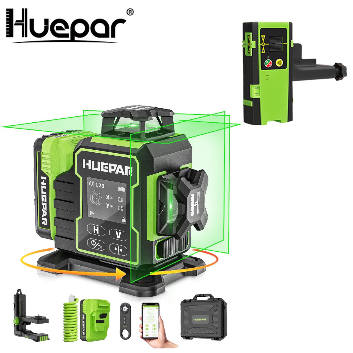 Huepar3D Green Cross Line Bluetoothed Laser Level with Large LCD Screen+Receiver