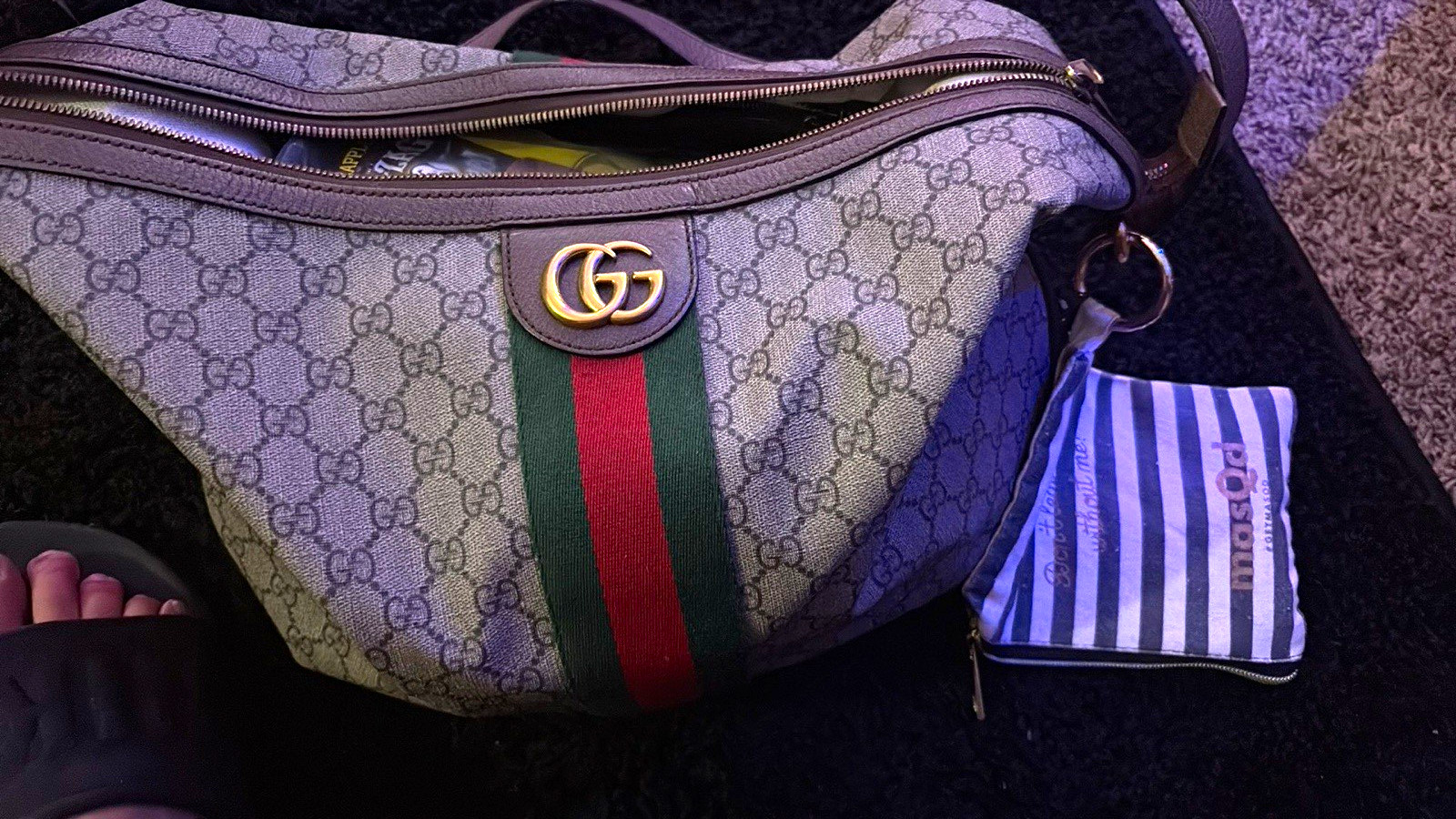 Gucci GG Pattern Web Stripe Belt Bag Gray Green Red Zip Gold Hardware Pouch Gucci GG Pattern Web Stripe Belt Bag Gray Green Red Zip Gold Hardware Pouch