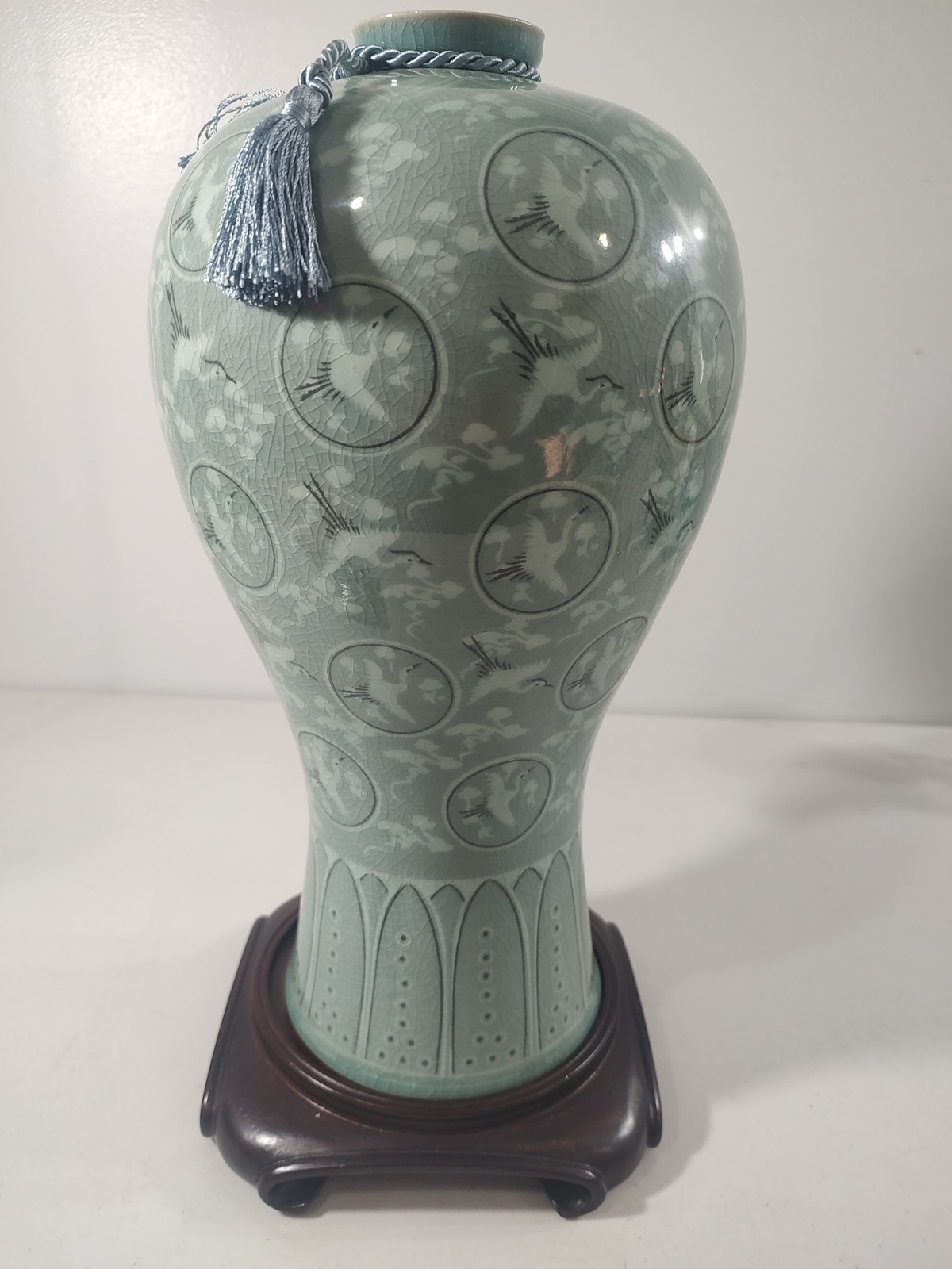 Large Korean Celadon Vase Featuring Inlaid Crane and Cloud Motifs 14” Sanggam