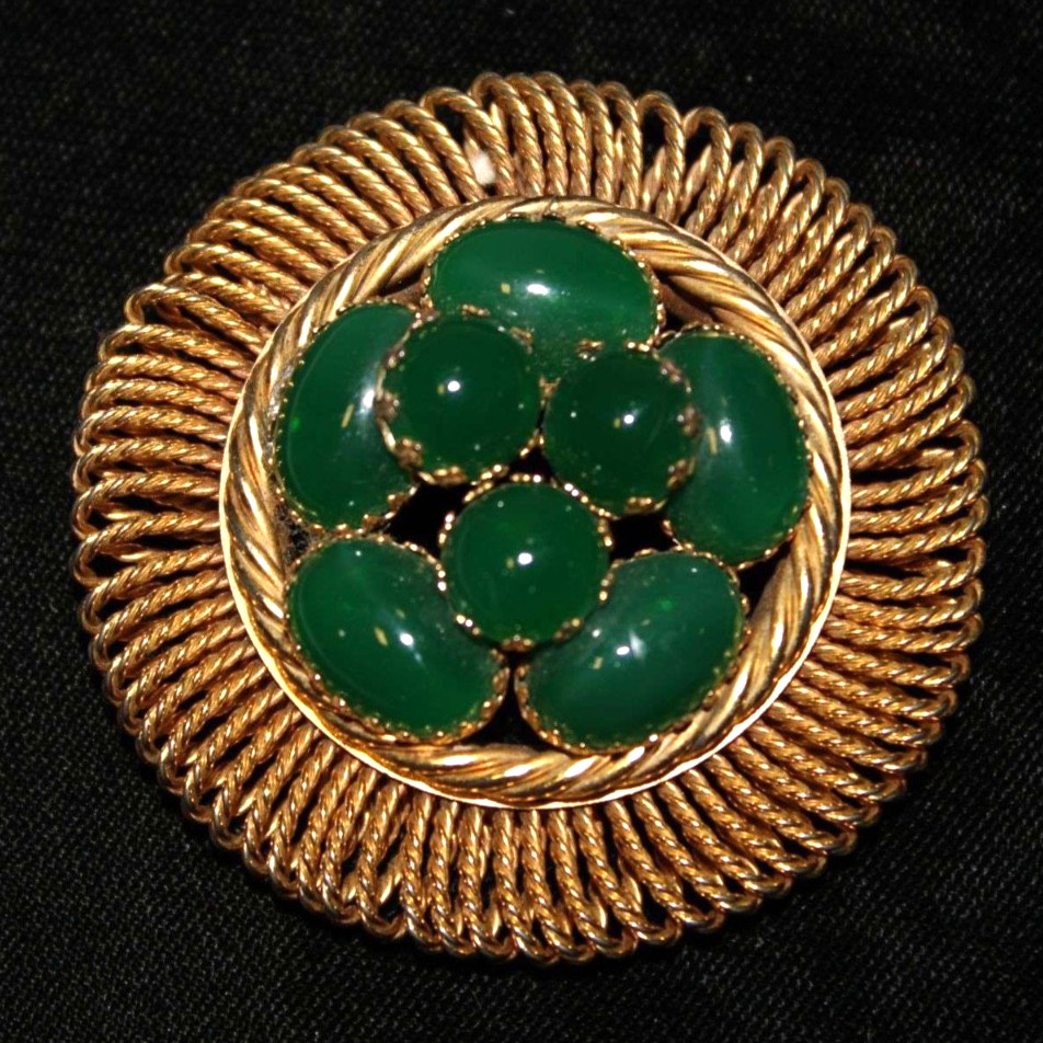Rare Vintage 1960s Signed Napier Cluster Faux-Jade peaking glass pin Brooch