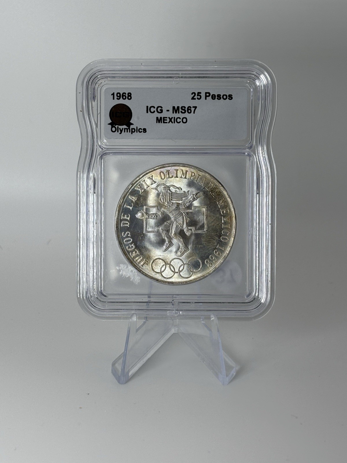 Mexico Silver 25 Peso 1968 Mexico Mint Light Rainbow Toner Olympic ICG MS67 #37