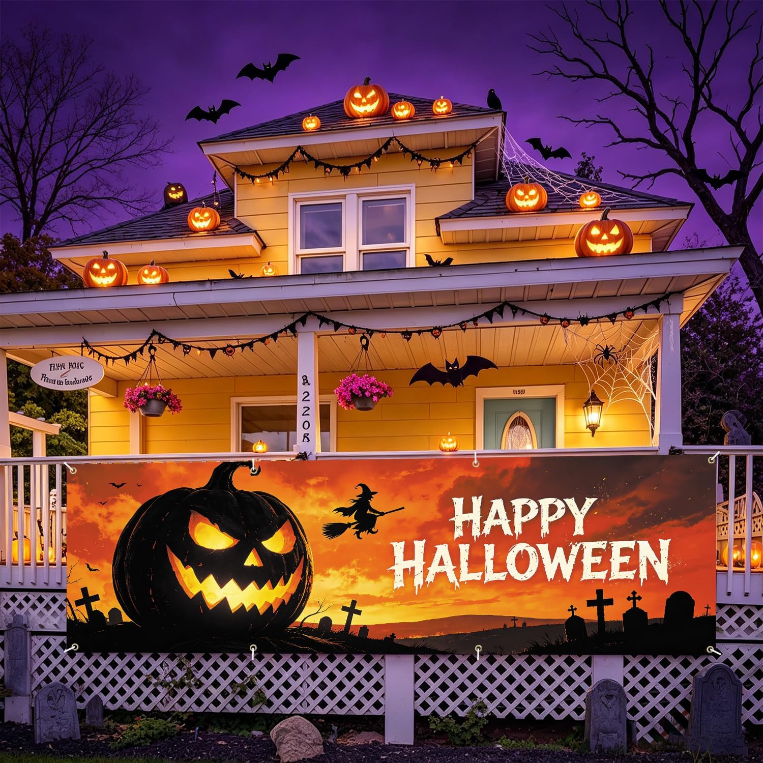 Happy Halloween Large Banner 115 X 35 Inch,Spooky Pumpkin Witch Graveyard Outdoo
