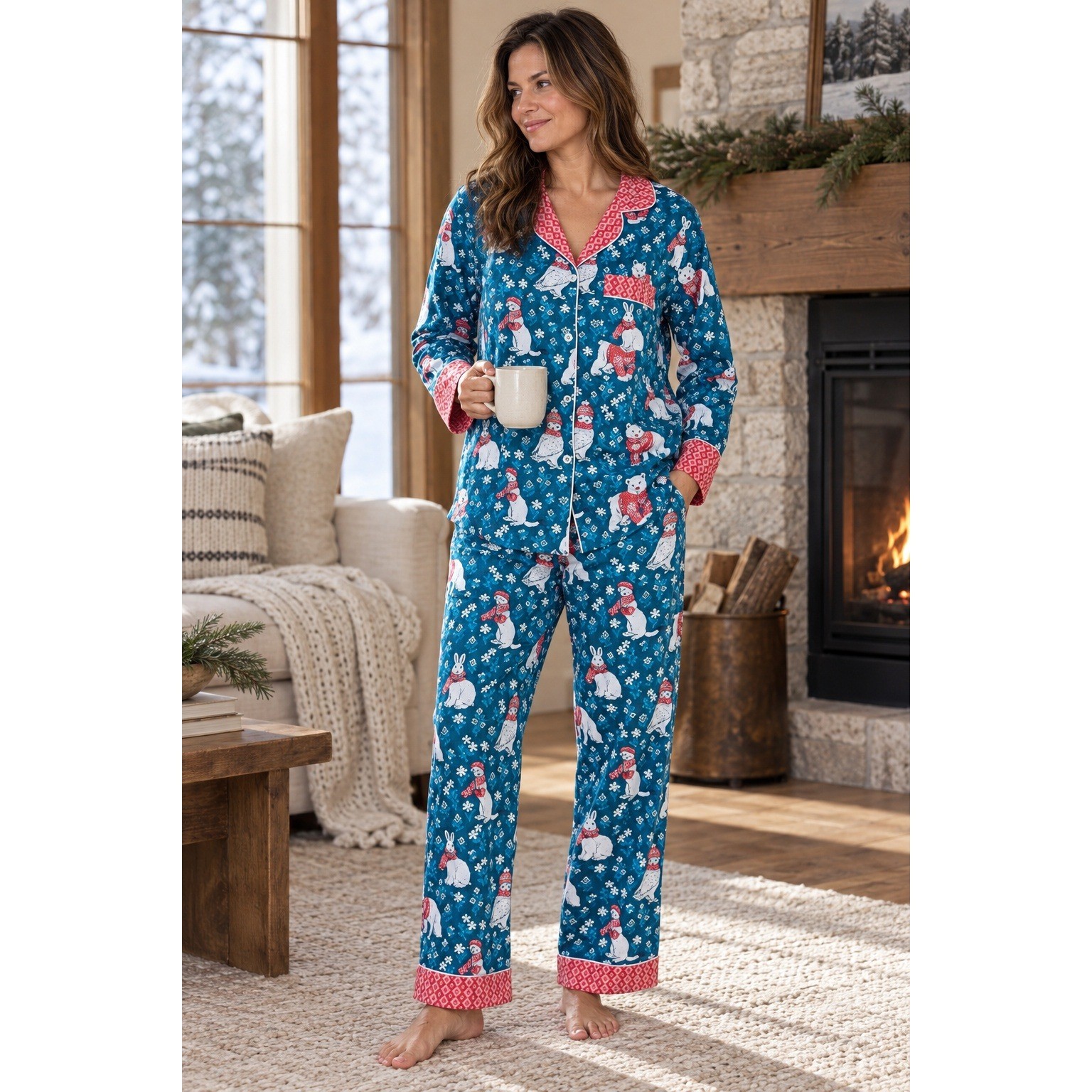 Printfresh Bundled Up Arctic Animals Organic Cotton Pajama Set Blue Red Size L