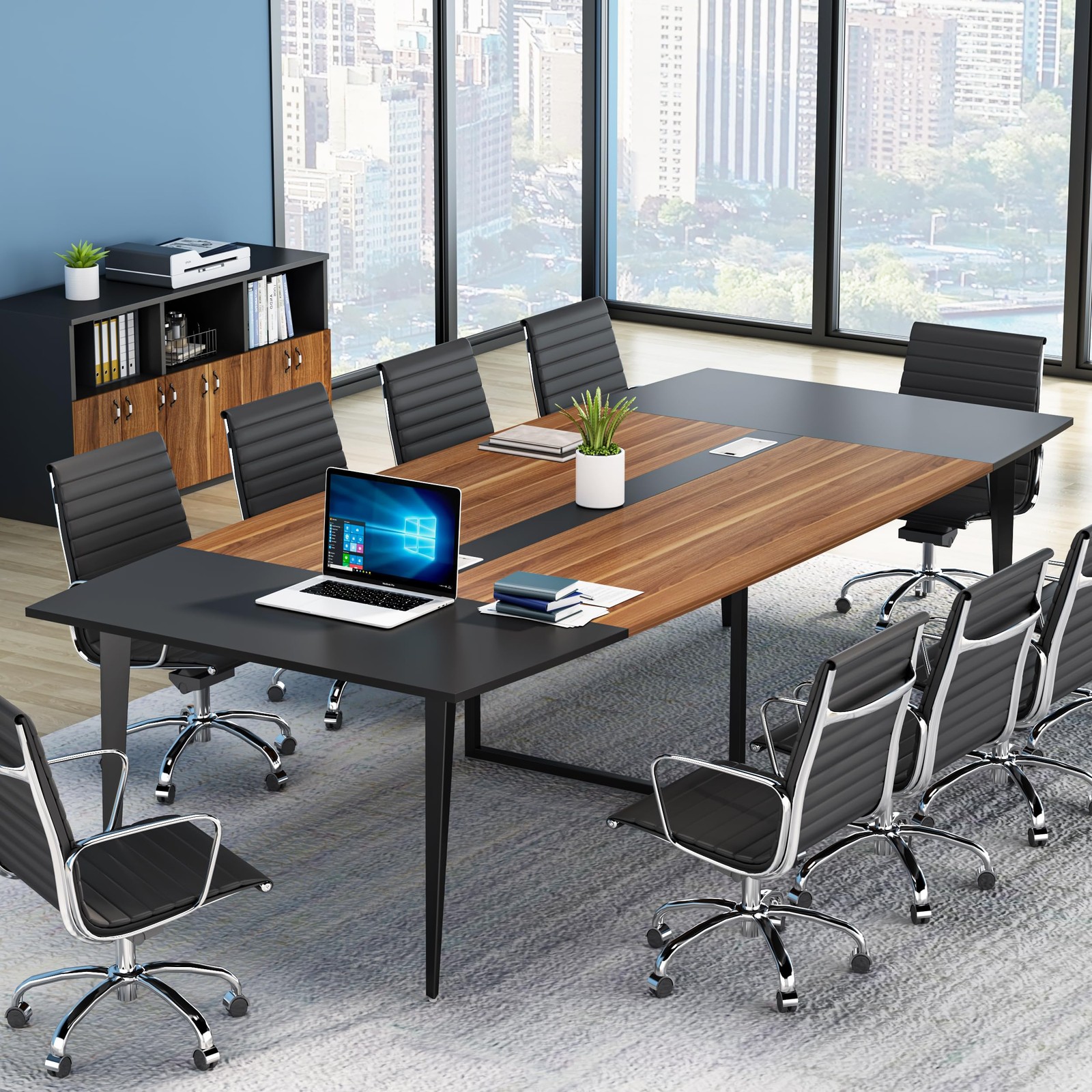 Tribesigns 8FT Conference Table, 94.48L x 47.24W x 29.52H 8ft, Walnut & Black