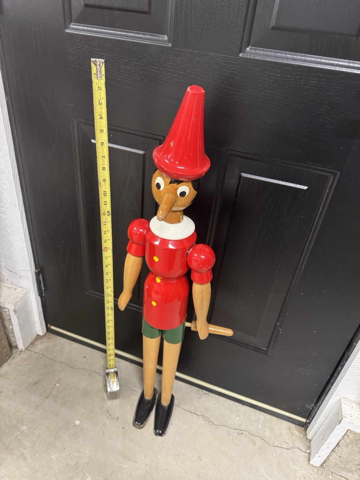 Vintage Wooden Pinocchio Jointed Figure Doll Long Nose 34 inches hand painted.