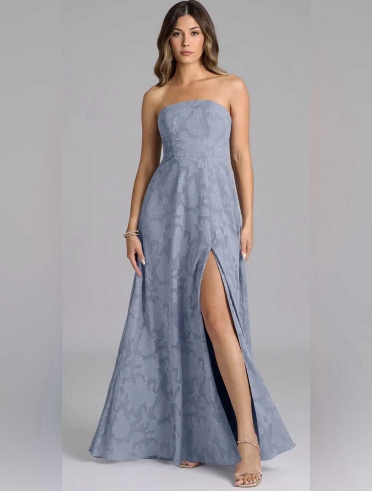 Azazie Wren Dusty Blue A-Line Strapless Floral Burnout DressSize AO NWT Azazie Wren Dusty Blue A-Line Strapless Floral Burnout DressSize AO NWT