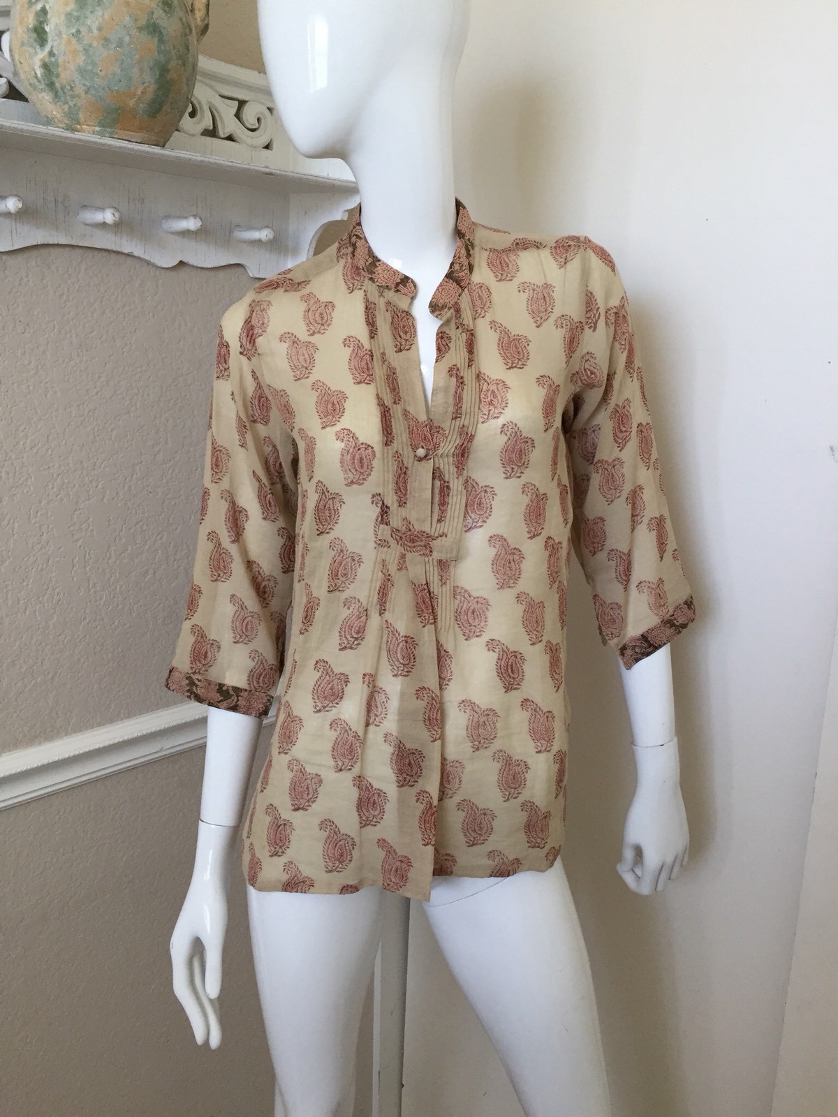 Anokhi NEW 100% Cotton Beige/Rust Paisley Pattern Tunic Shirt Sz S NWOT