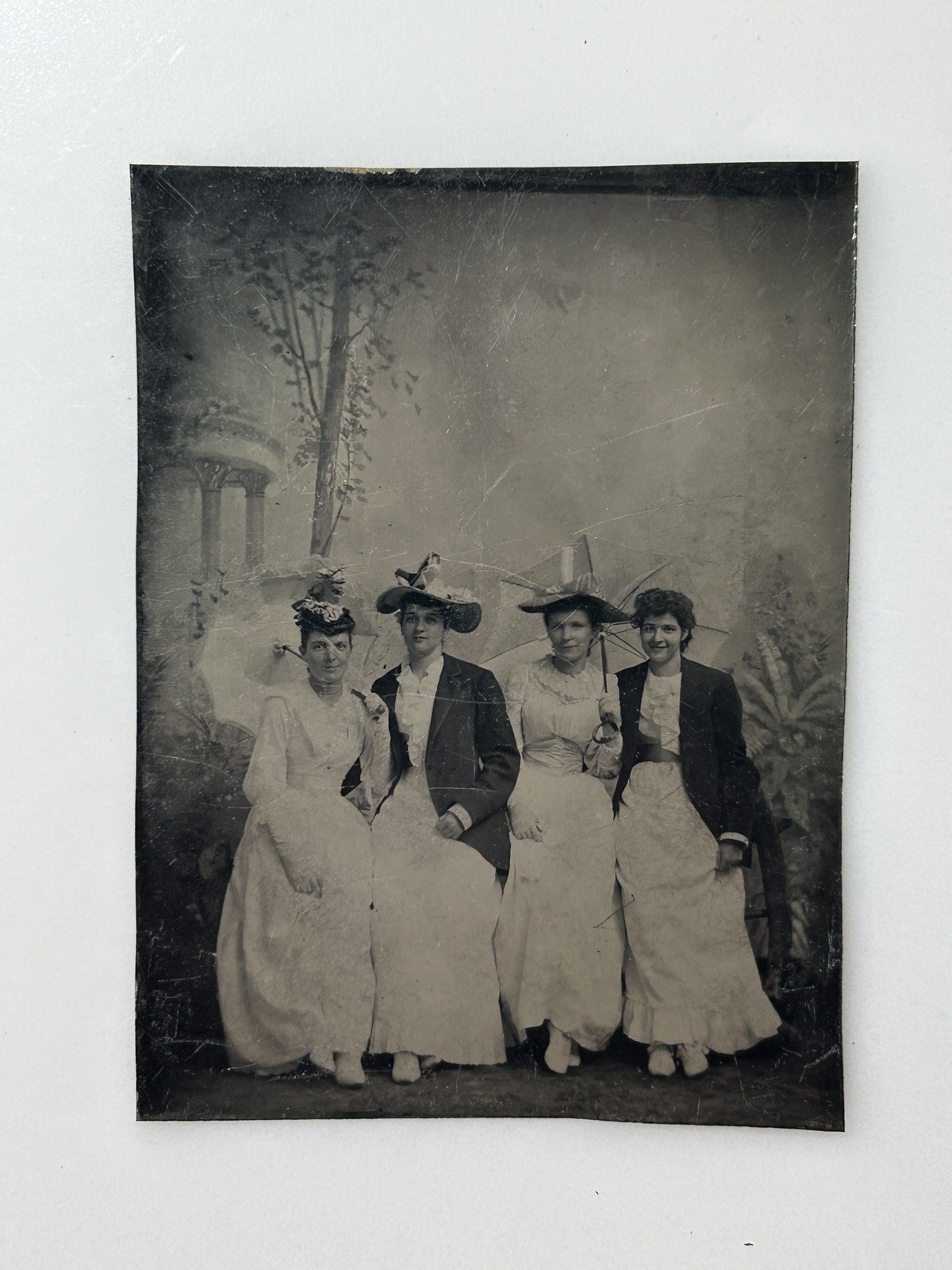 1892 Antique Tintype Photo 4 Women Fancy Hats Identified Seaforth Ont. 1/6 Plate