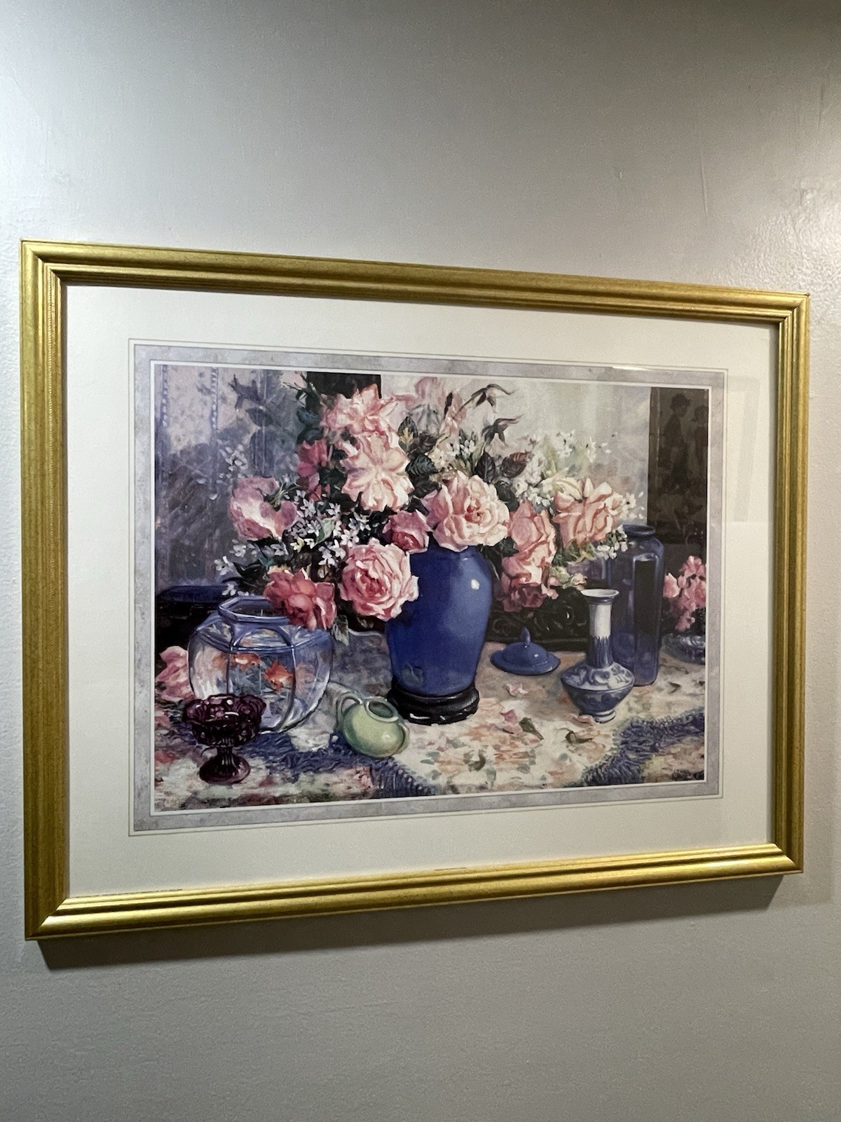 Vintage Glenna Kurz Roses Cobalt Blue Vase Print Galaxy of Graphics 1997 Framed