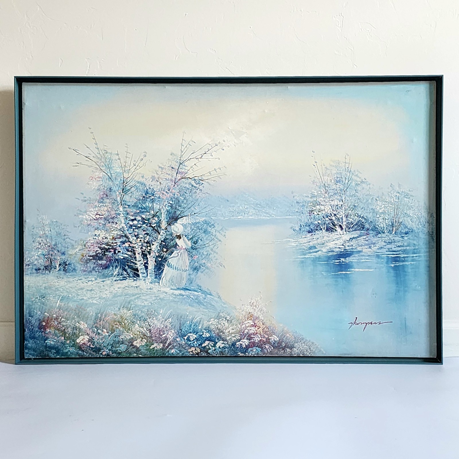 Vintage J Thompson Oil Painting Lady Lake Winter Snow Scene Large 37x25 Framed