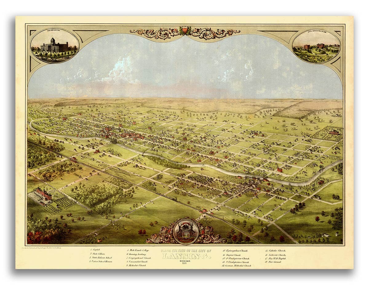 1866 Lansing Michigan Vintage Old Panoramic City Map - 18x24