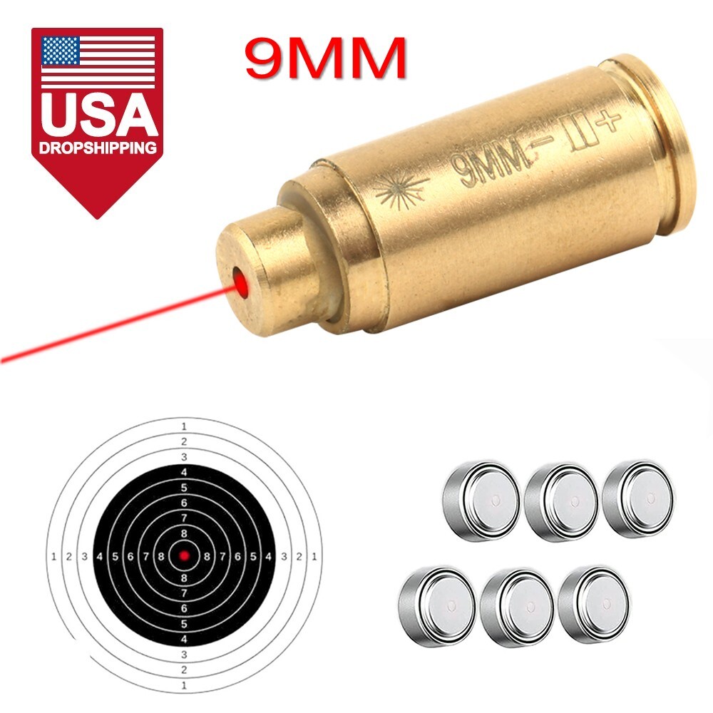 CAL 9mm Red Laser Bore Sight Cartridge Bullet Shap Boresighter W/ 6Pcs Battery