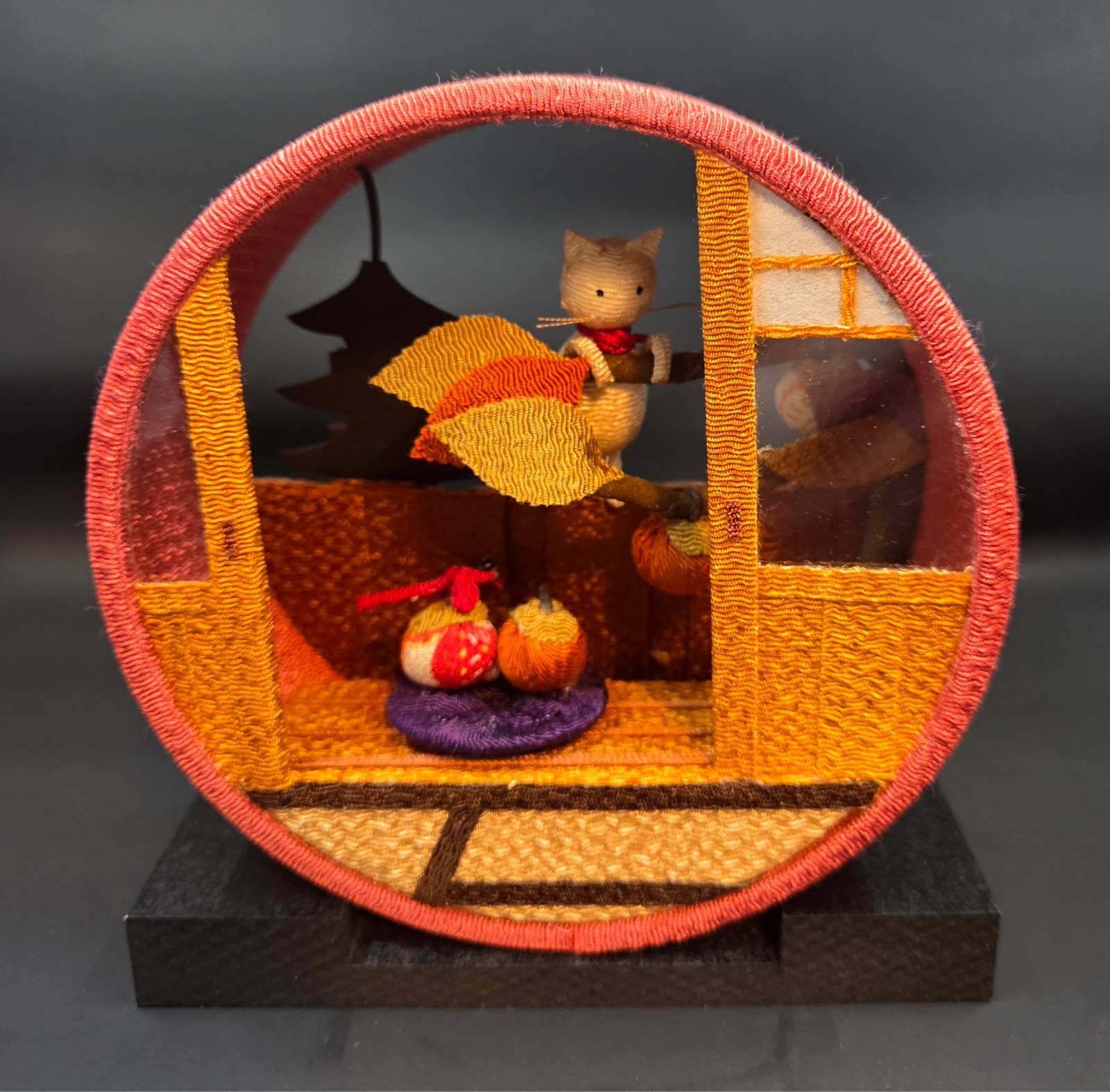 Kyoto Chirimen Cat Tea Room Diorama Persimmon October Fabric Art