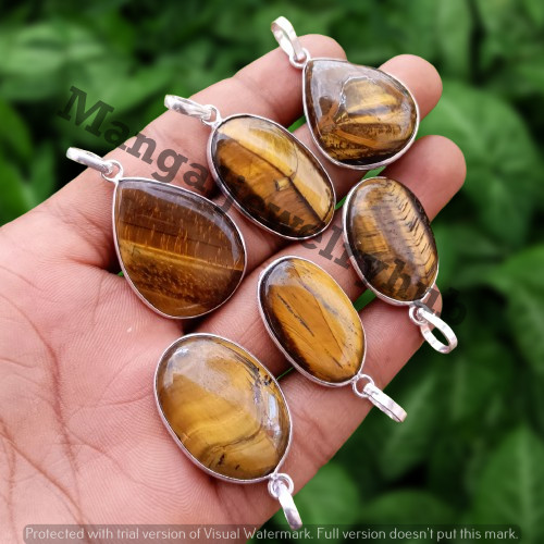 Wow Tiger's Eye Gemstone 5PCS Pendants Lot 925 Silver Plated Wholesale Jewelry