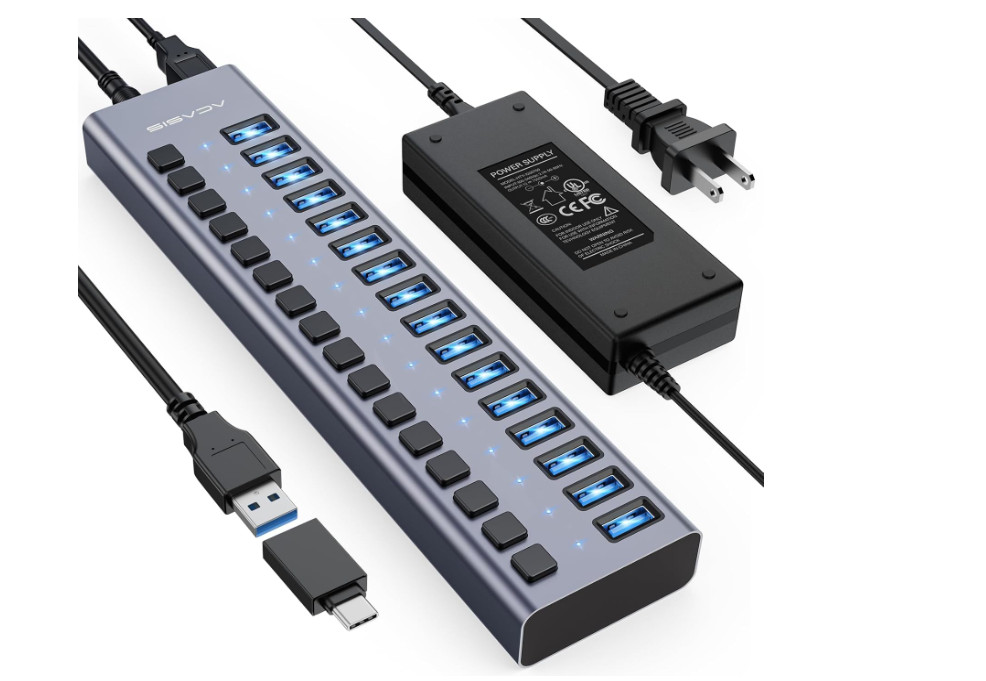 Concentrador USB 3.0 con alimentación y 16 puertos USB 3.0. Incluye adaptador d