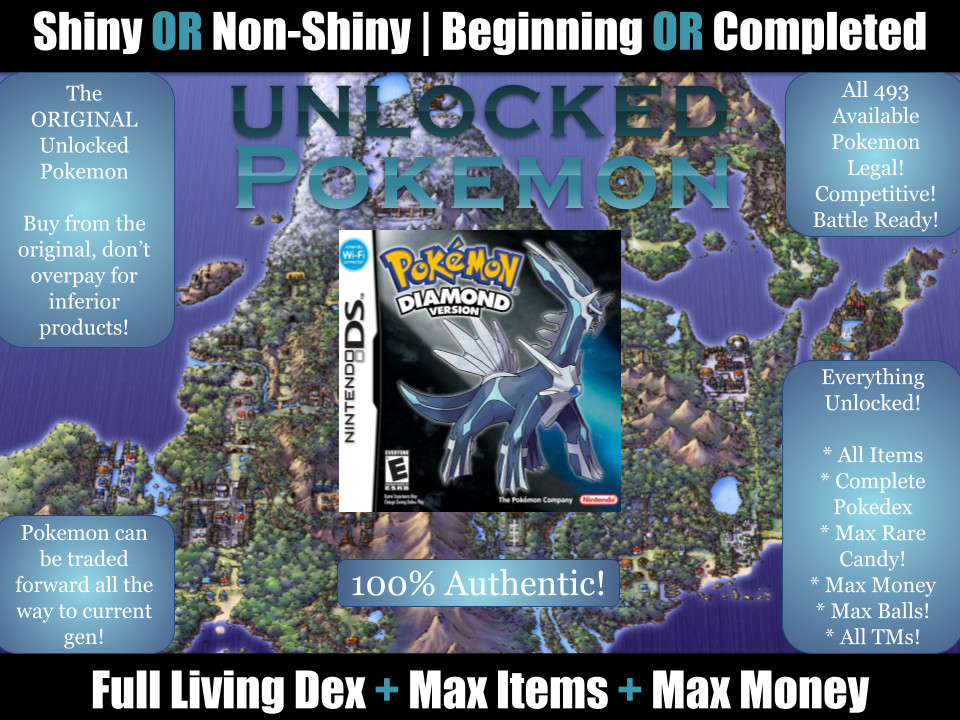 Unlocked Authentic Pokemon Diamond + All 493 Pokemon Legal Shiny Max Items Money