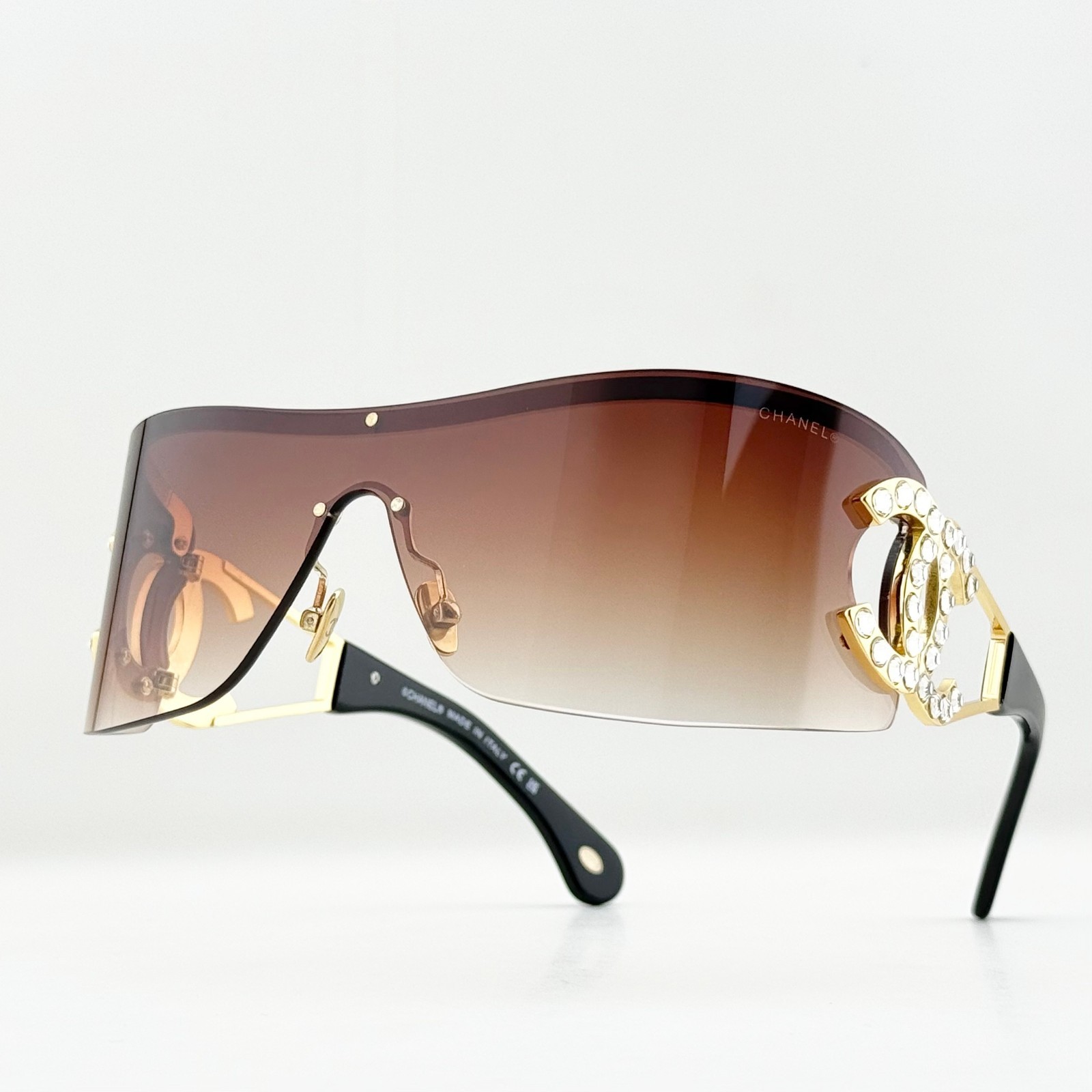 CHANEL CH9579B Shield Sunglasses Gold Frame Brown Gradient Lens Crystal CC