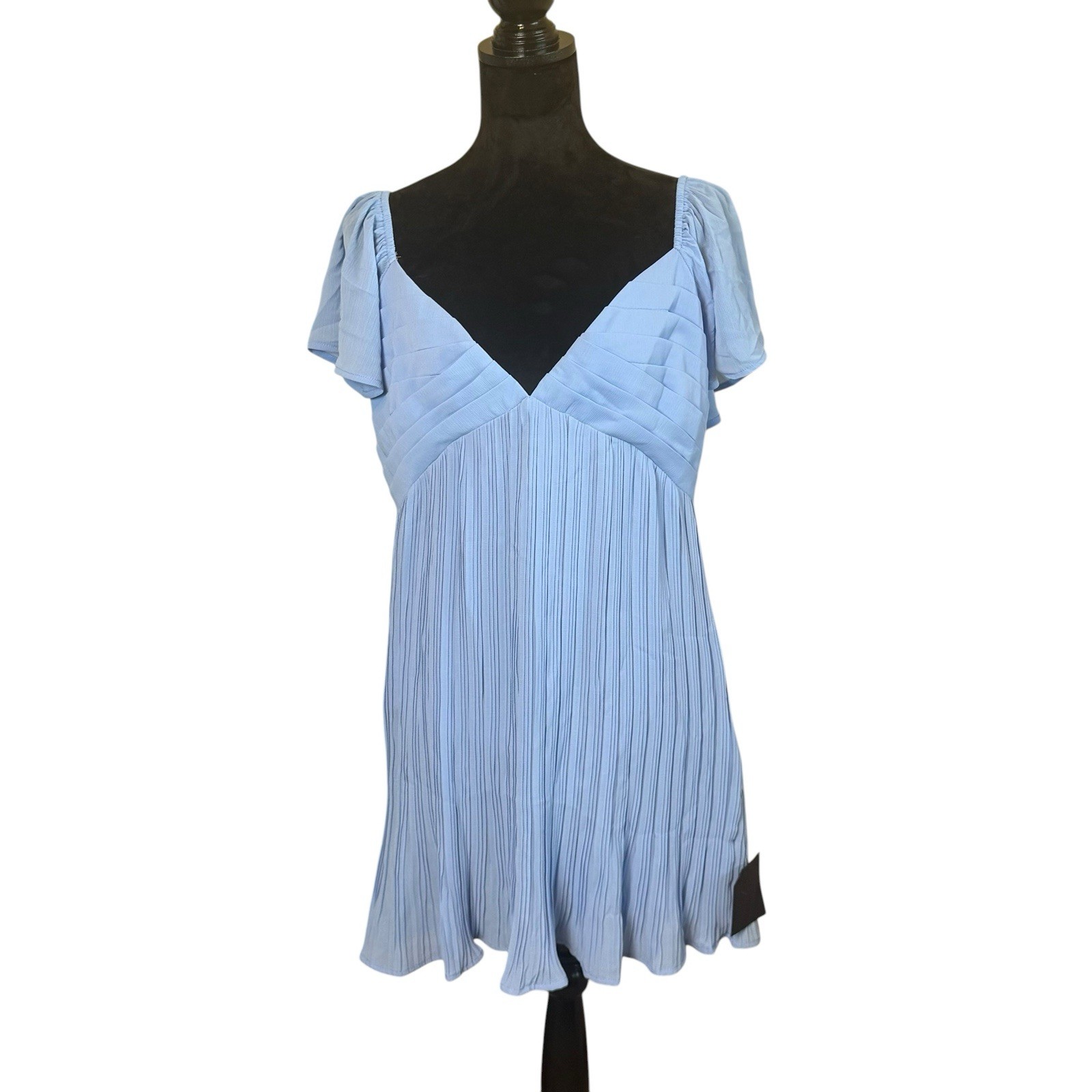 Lulus Amalfi Coast Light Blue Pleated Flutter Sleeve Mini Dress XL  Coquette