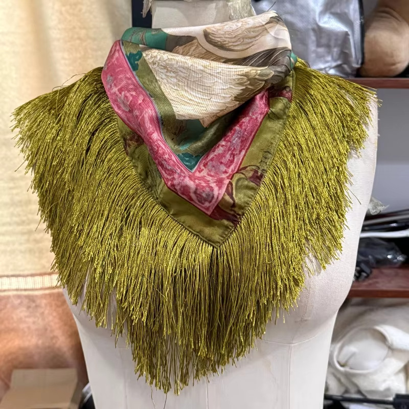 Vintage Tassel Printed Satin Square Scarf Women Fashion Fringe Trim Shawl Access