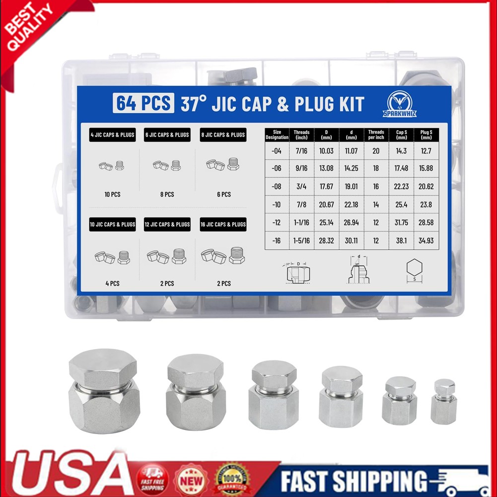 64Pc 37 Degree JIC Cap and Plug Assortment Kit Precision Threading Hydraulic Hos 64Pc 37 Degree JIC Cap and Plug Assortment Kit Precision Threading Hydraulic Hos