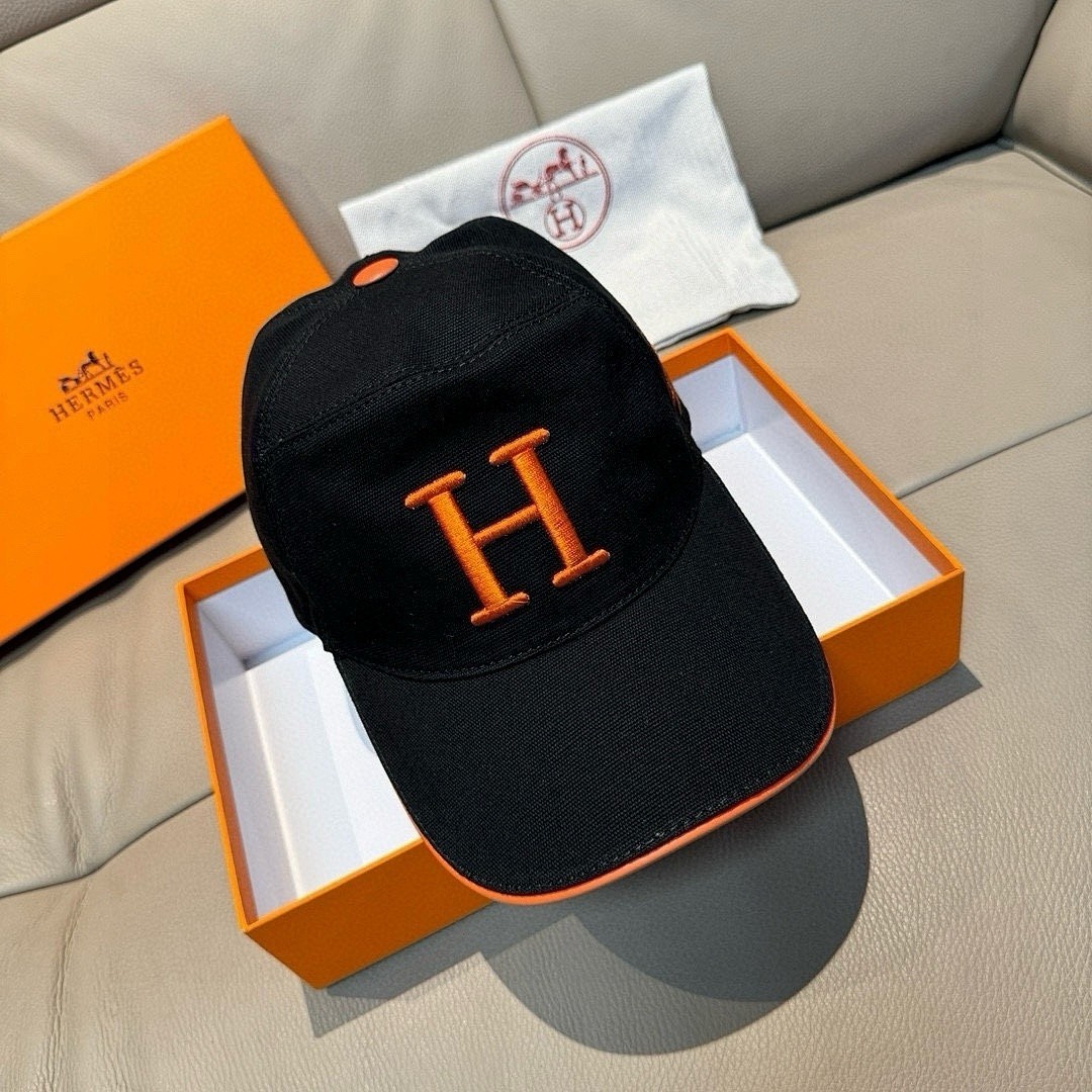 Hermes Men’s Baseball Cap Miles H Circle Black Orange Canvas Hat