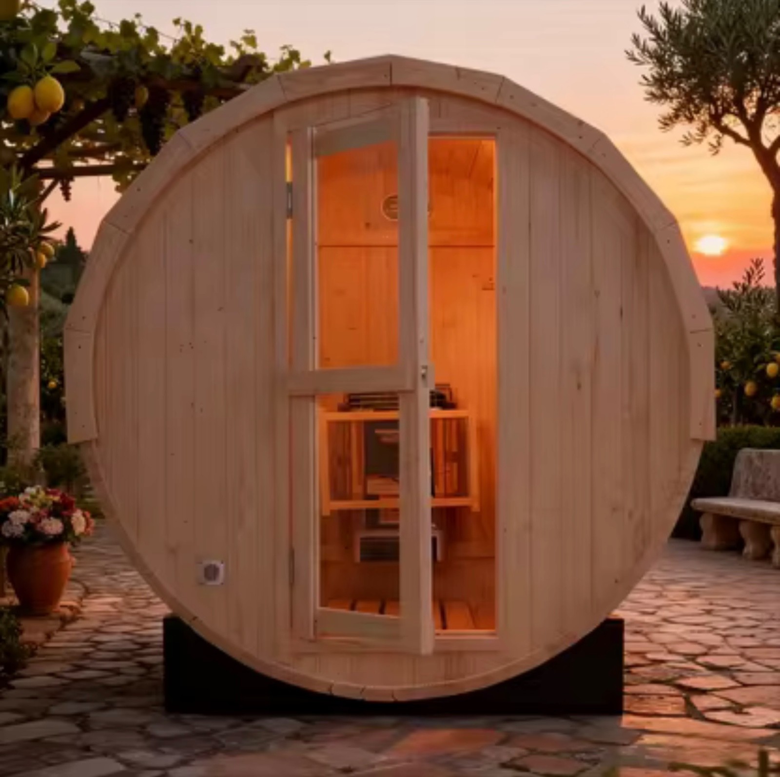 EuroSauna 2-Person Outdoor Barrel Sauna with Shingles, Lighting, & 6kW Heater