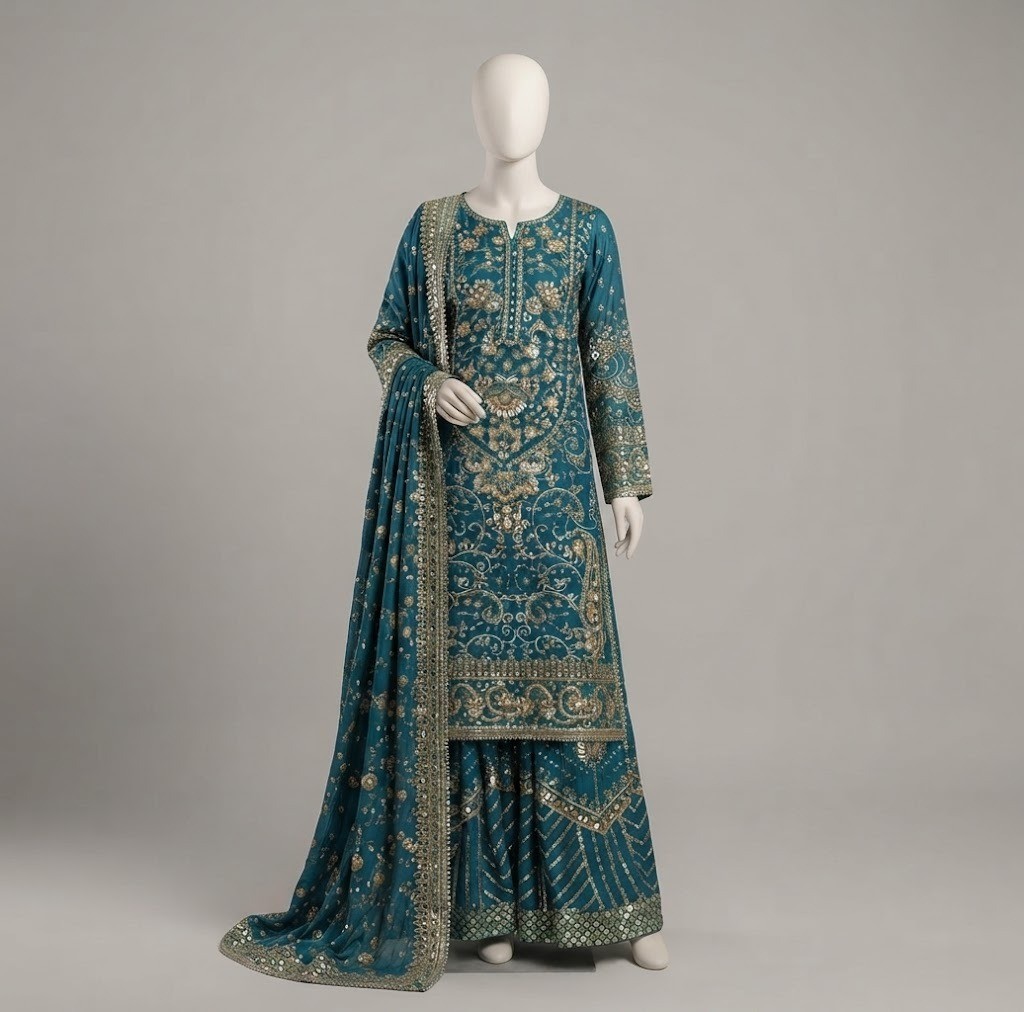 Teal Blue Indian Pakistani Embroidered Sharara Dress with Dupatta