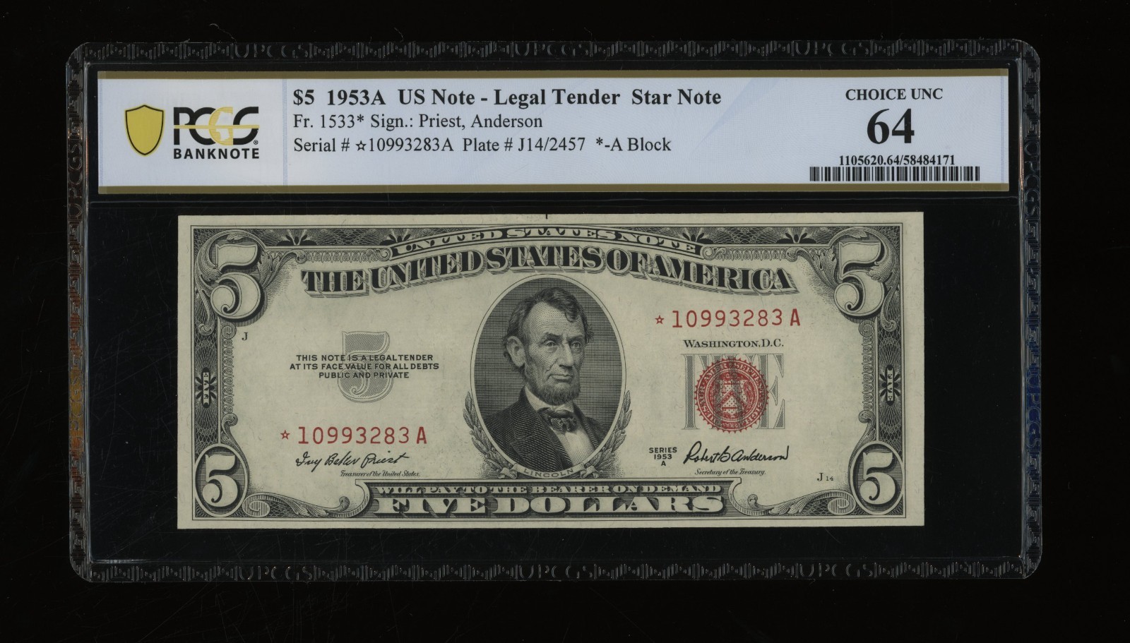 DBR 1953-A $5 Legal STAR Fr. 1533* PCGS-B 64 Serial *10993283A