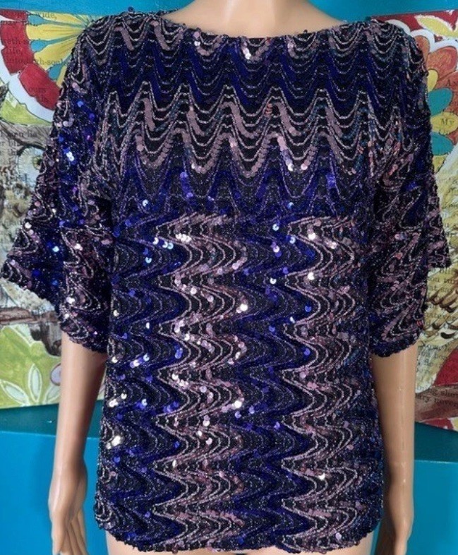 Vintage Ann Green Blouse Sequin Blue Pink Small Vintage Ann Green Blouse Sequin Blue Pink Small