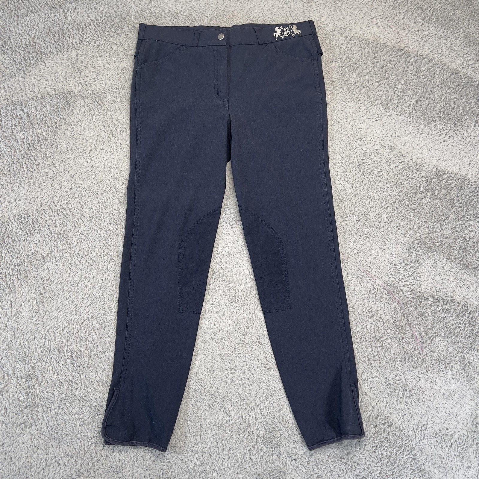 B Vertigo Riding Breeches Size L Blue Cotton Lycra Knee Patch Belt Equestrian