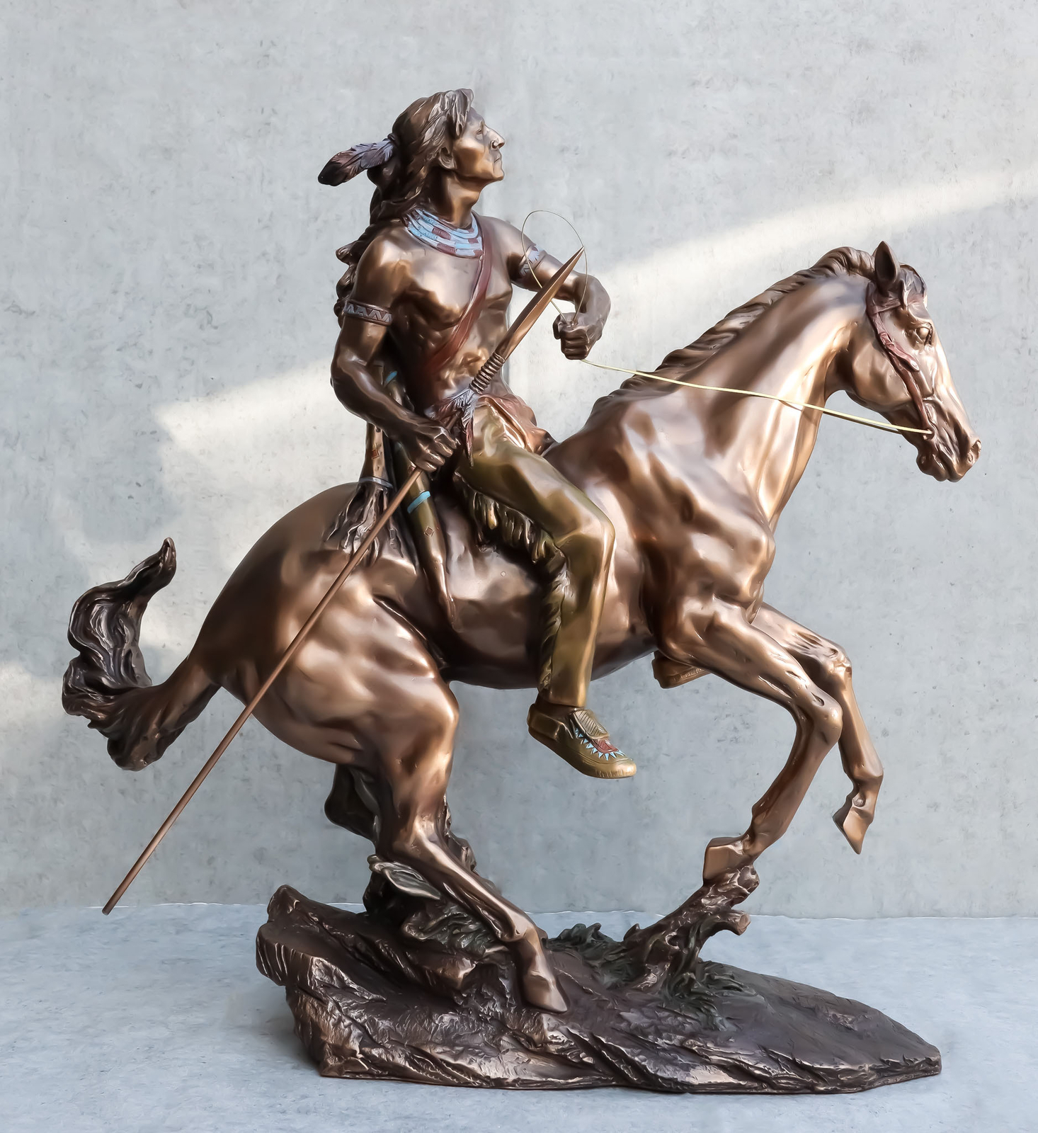 Tribal Native American Indian Warrior With Javelin Spear Riding Horse Statue Tribal Native American Indian Warrior With Javelin Spear Riding Horse Statue