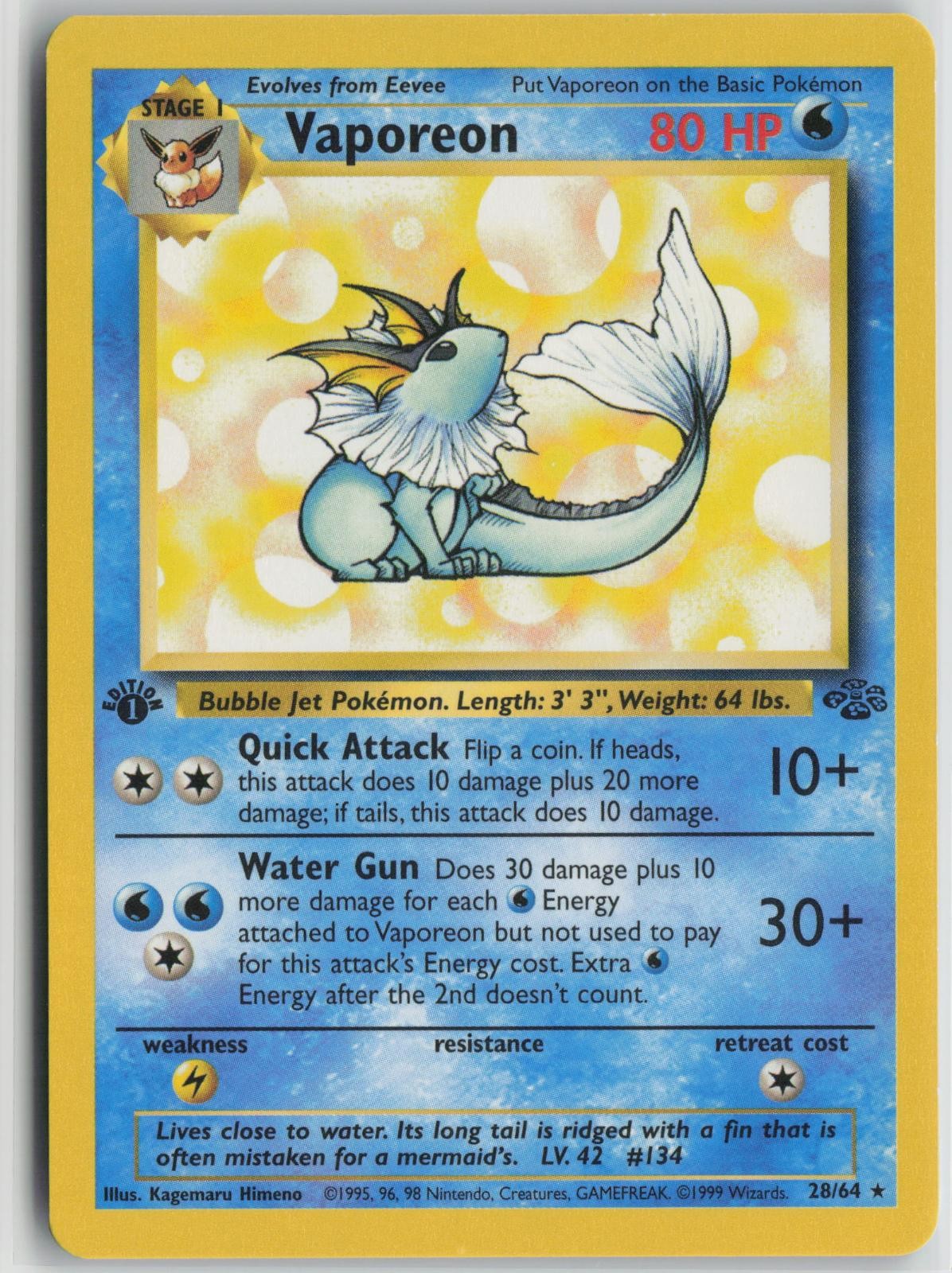 Vaporeon 28/64 Rare Jungle Pokemon 1st Edition Near Mint Vaporeon 28/64 Rare Jungle Pokemon 1st Edition Near Mint