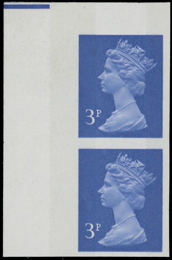 1973, GREAT BRITAIN, MACHIN ERROR 3P CORNER MARGIN VERT IMPERF PAIR, NH SG#X856a