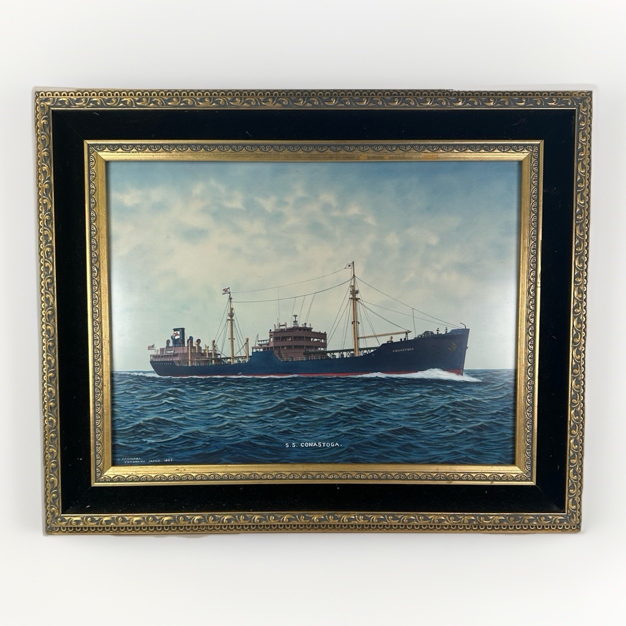 1959 T Hagiwara Yokohama Japan Watercolor Painting S.S. Conastoga Ship