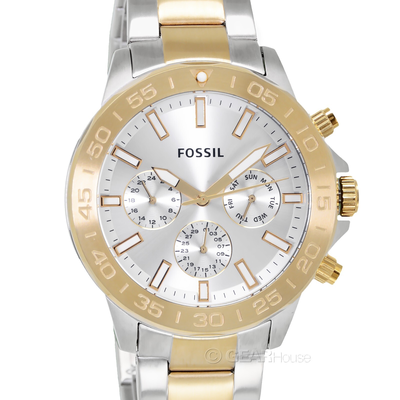 FOSSIL Bannon Mens Multifunction Watch Two-Tone Silver Gold Stainless Steel Band