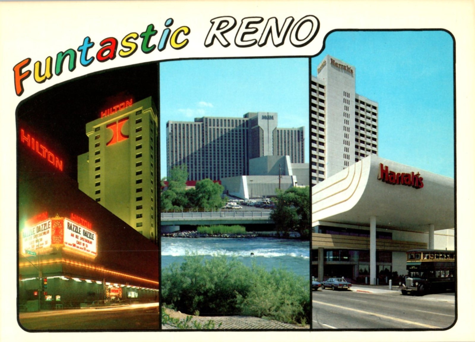 1970s Harrah's Hilton MGM Grand Hotel Casino Reno Nevada Postcard Vintage 3 View