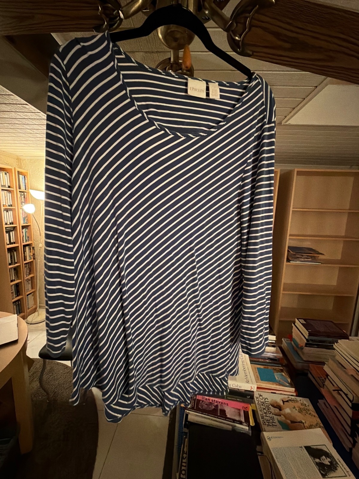 Chico\'s Navy and White Striped Long Sleeve Tunic Top, Size 7 Chico\'s Navy and White Striped Long Sleeve Tunic Top, Size 7