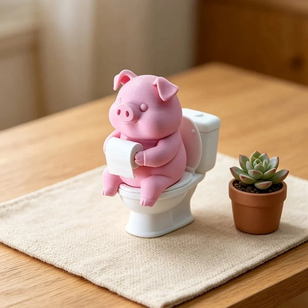 Adorable Pink Pig on Toilet Figurine - Whimsical Pvc Decor for Home, Office, & C