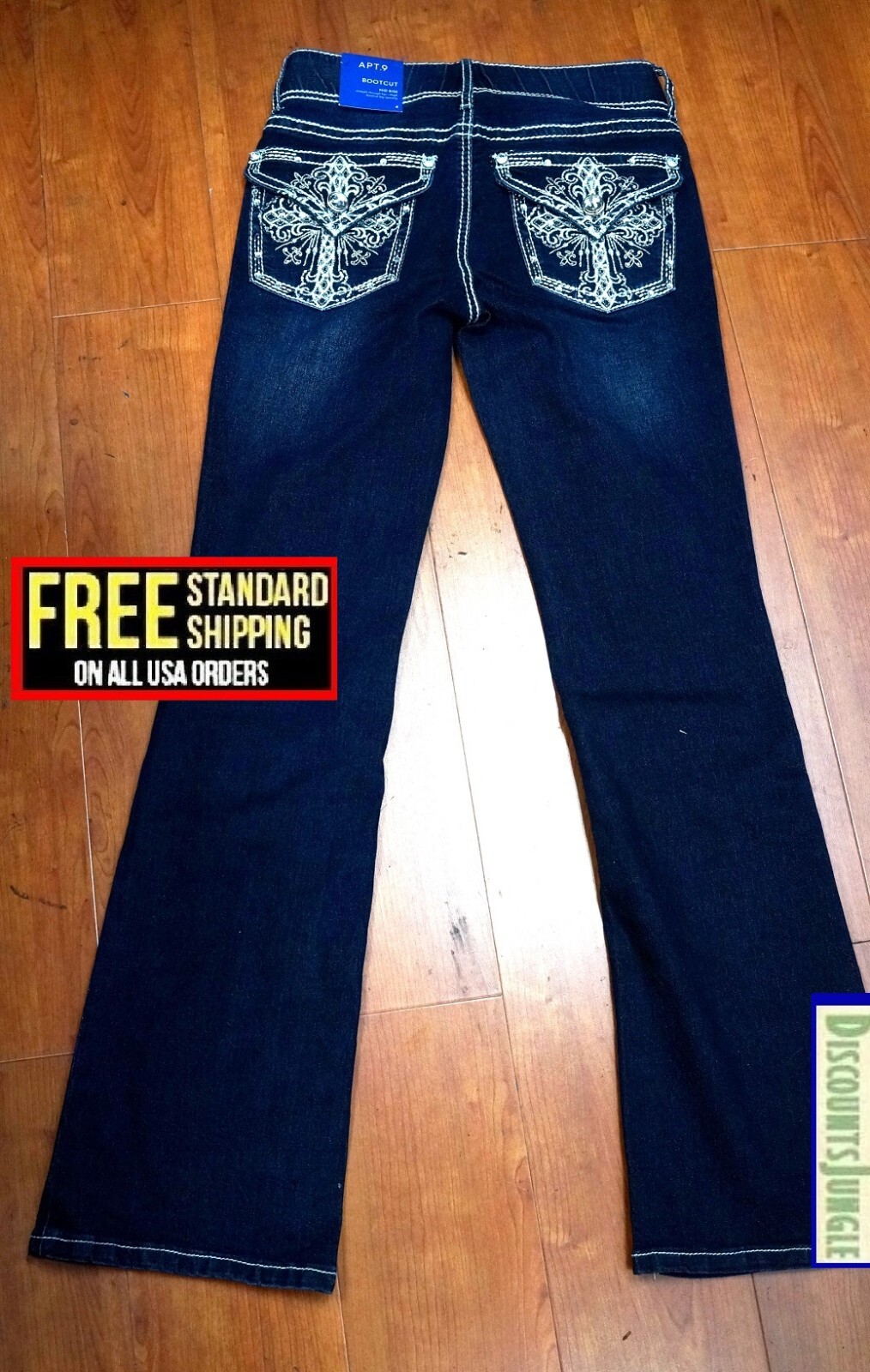 Jack David / Apt.9 Women’s Bootcut Jeans Bling Cross Mid Rise Blue Denim