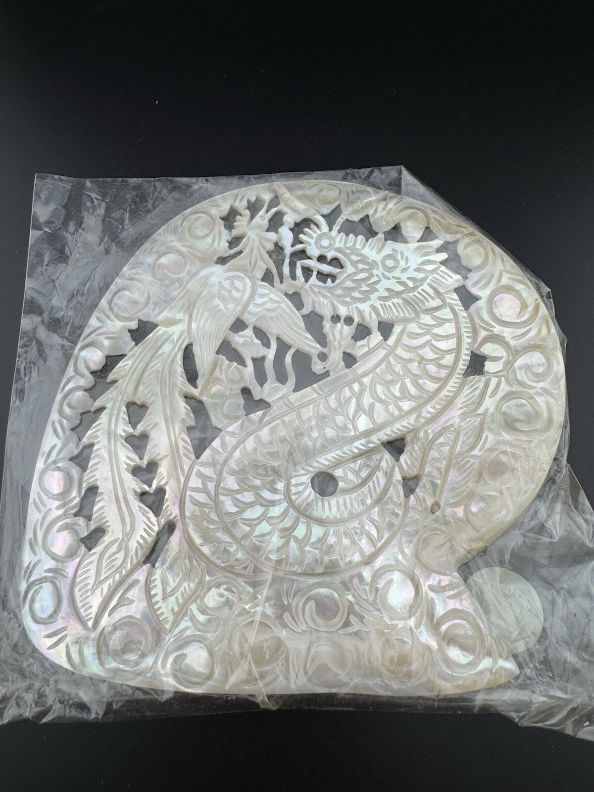 Asian Hand Carved Mother of Pearl Art Plate Dish Dragon (#EC1)