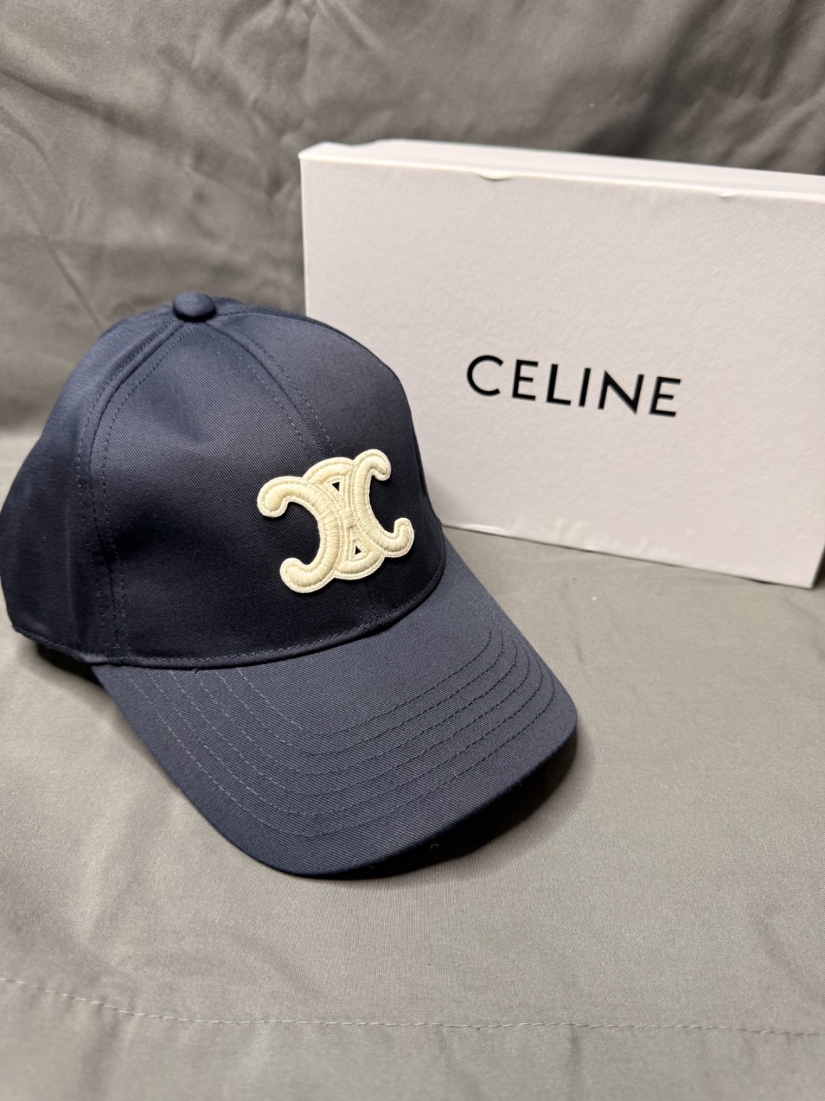 Celine Triomphe Navy Blue Cream Adjustable Women Baseball Cap Medium