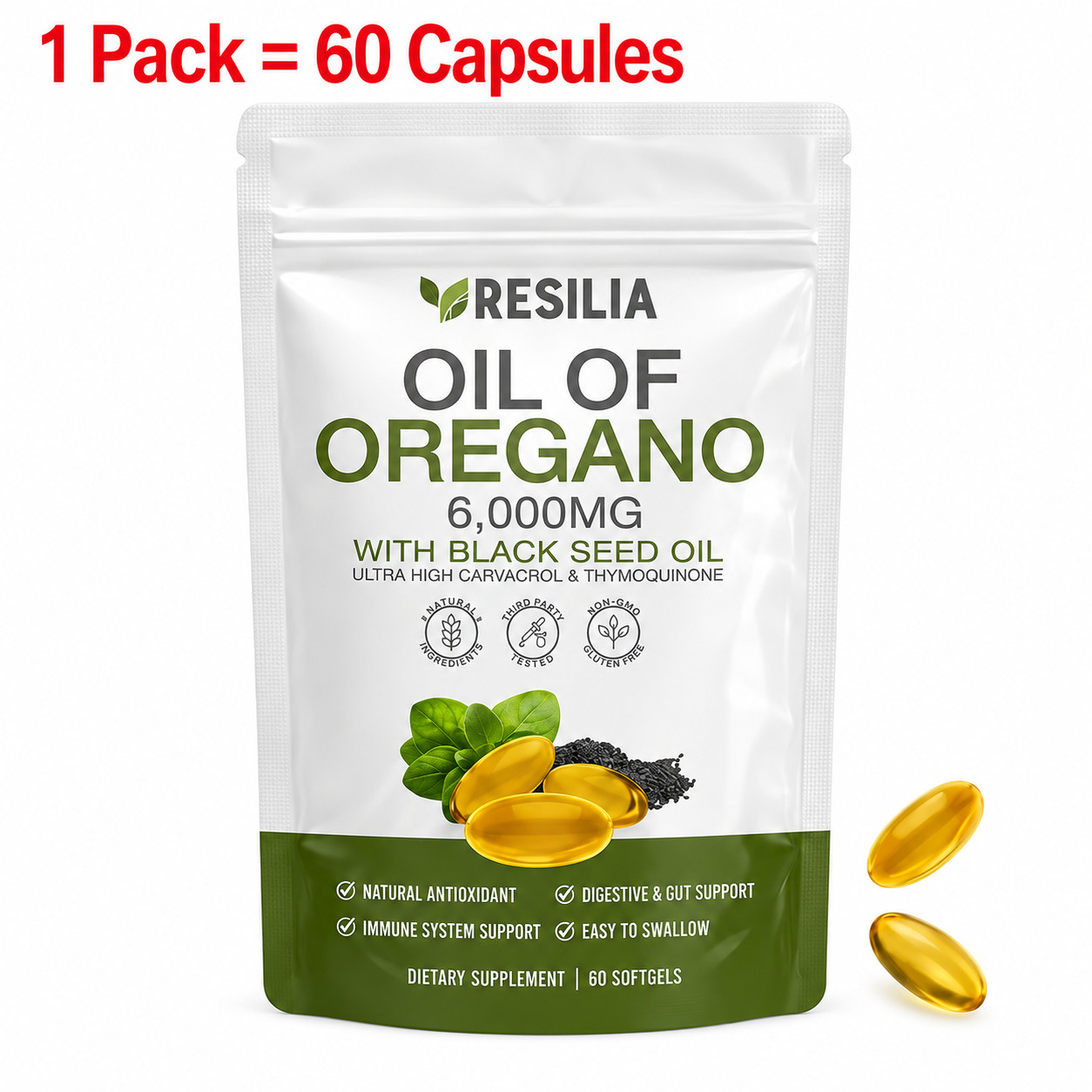 Resilia Oil of Oregano 6000mg with Black Seed Oil Softgels – 60 Capsules