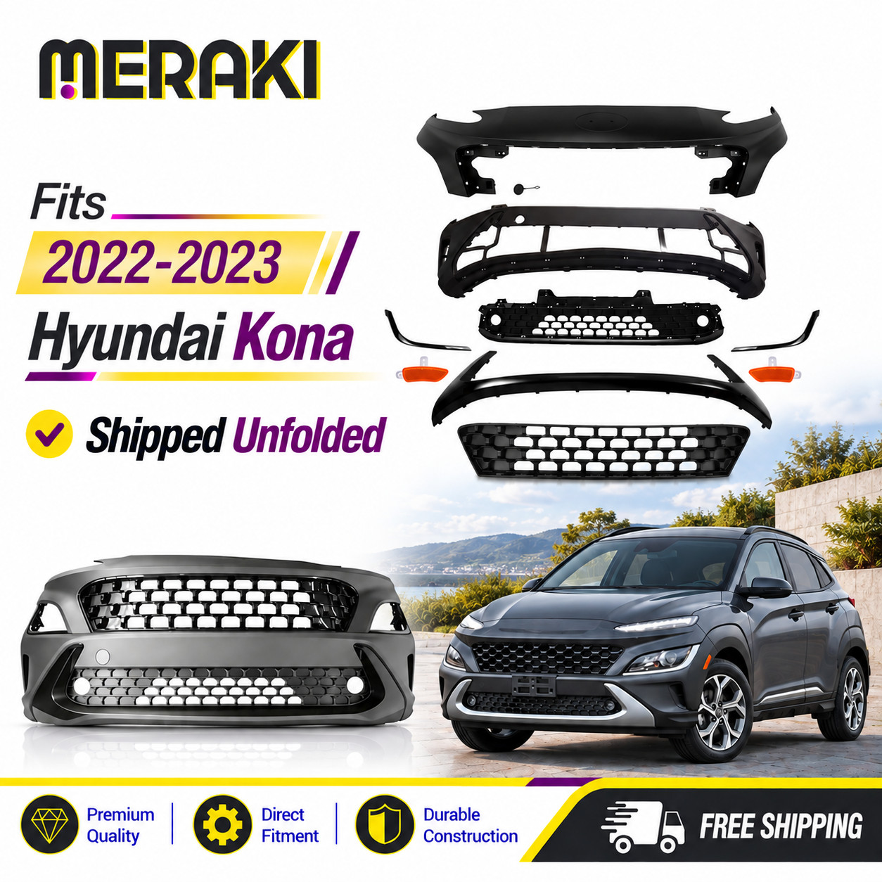 Front Bumper Cover Kit with Upper & Lower Grille For 2022-2023 Hyundai Kona