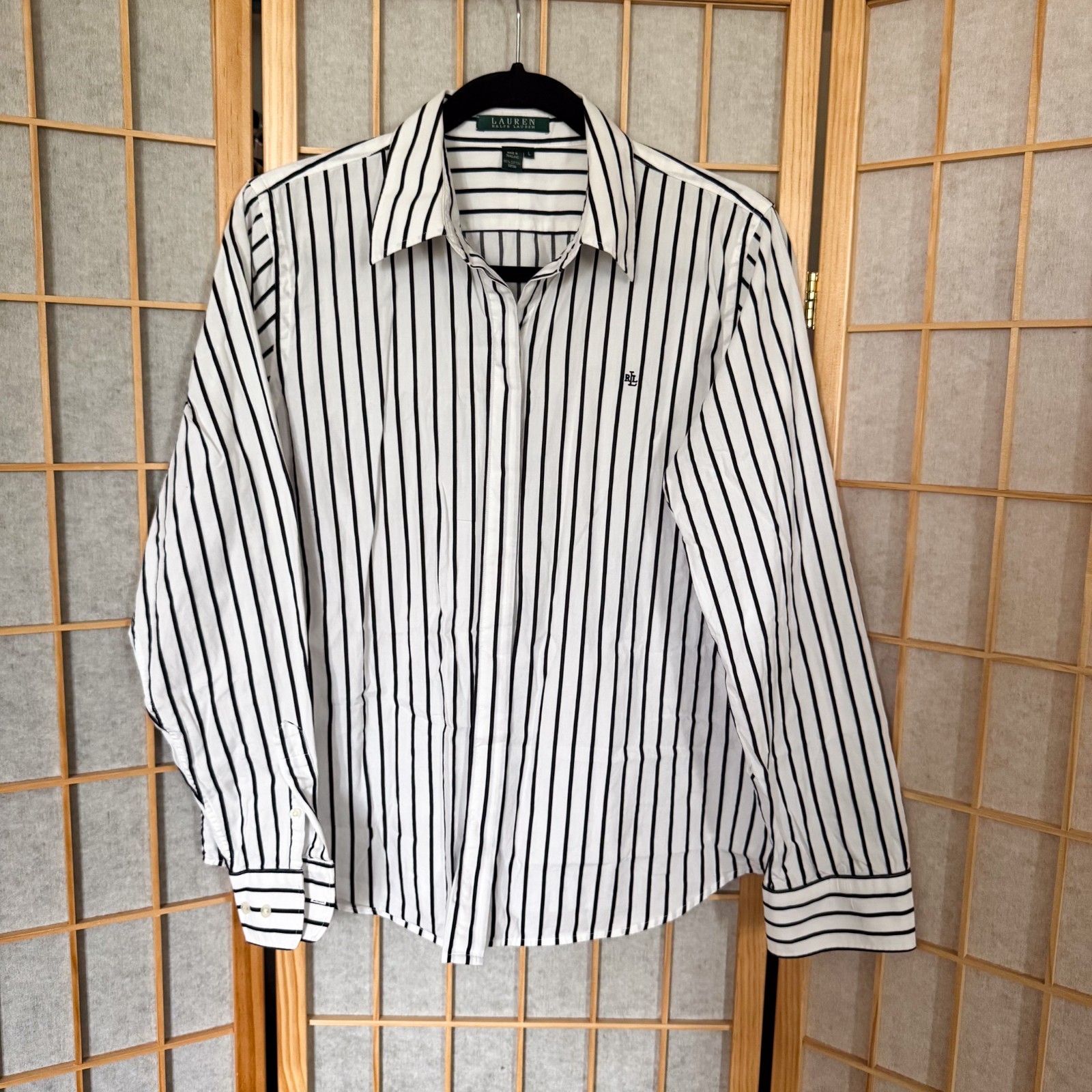 Lauren Ralph Lauren Women\'s Black White Striped Button Down Shirt L Preppy Lauren Ralph Lauren Women\'s Black White Striped Button Down Shirt L Preppy