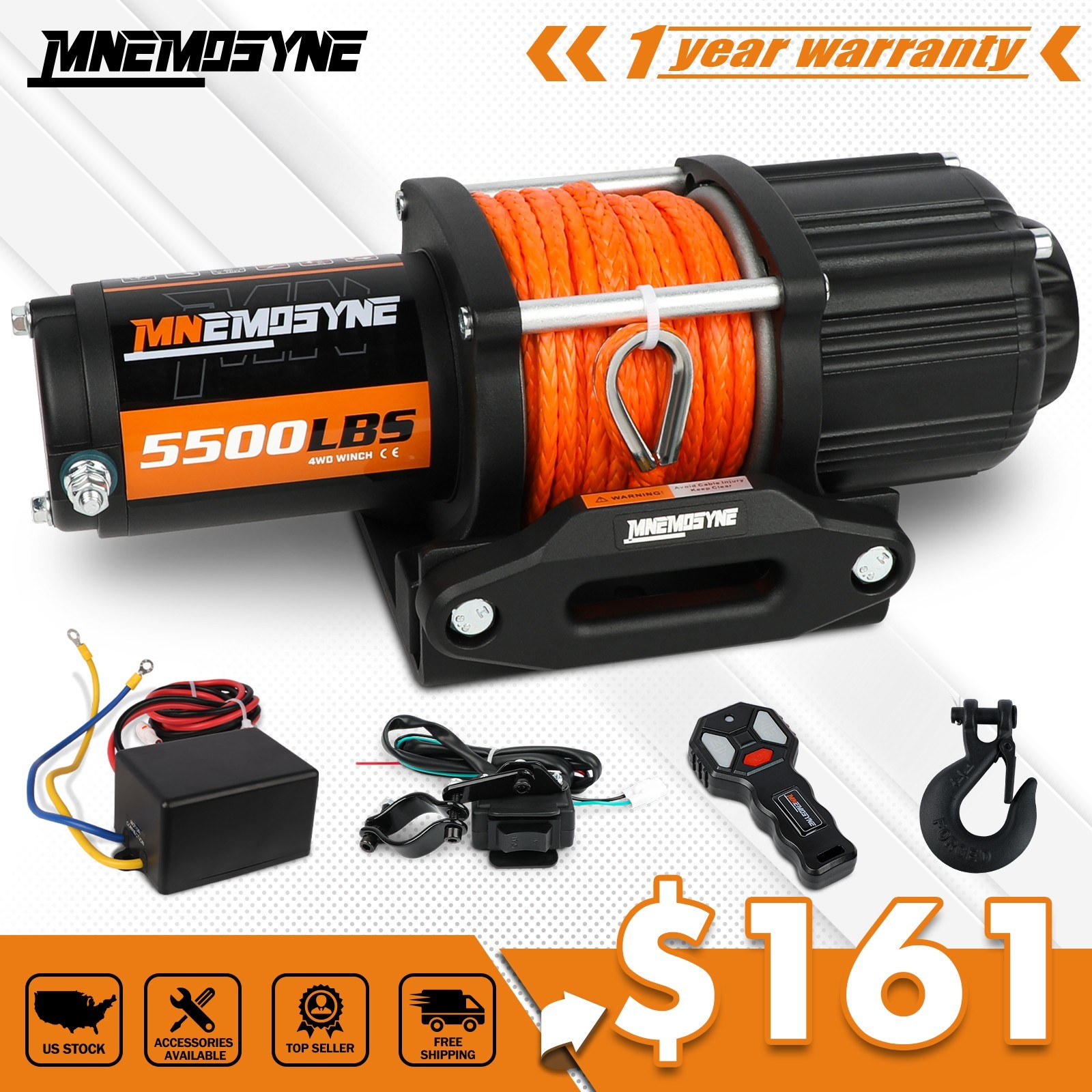 MNEMOSYNE Electric Winch 5500lb Synthetic Rope Wireless Remote Towing ATV UTV