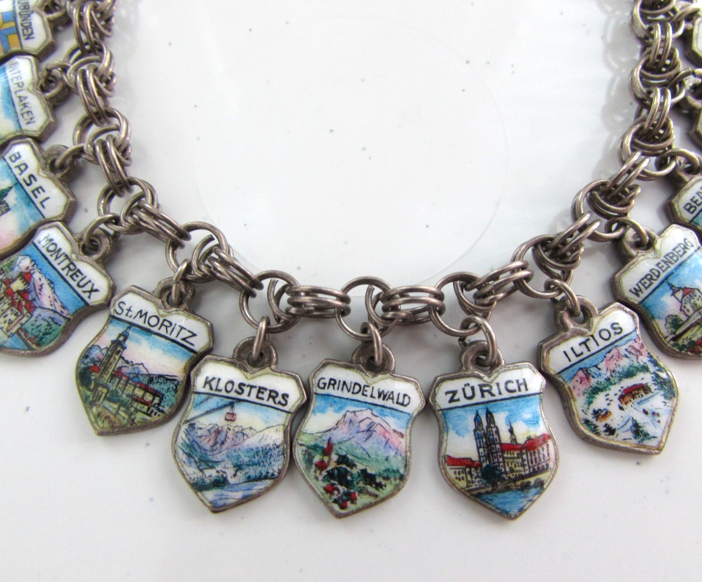 Vintage REU 800 Silver Enamel Travel Souvenir Bracelet 23 Switzerland Charms 50s